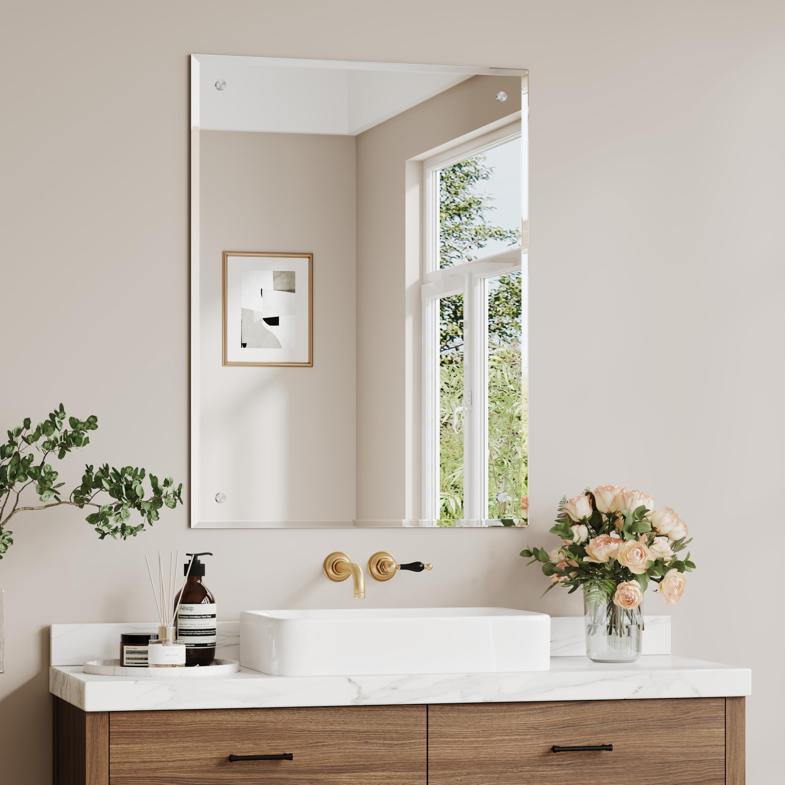 Dripex 60 x 45cm Frameless Rectangle Mirror, Wall Mounted Bathroom Mirror with Bevelled Edge & Pre-Drilled Holes, Horizontal or Vertical Hanging for Dressing Room Bedroom Living Room