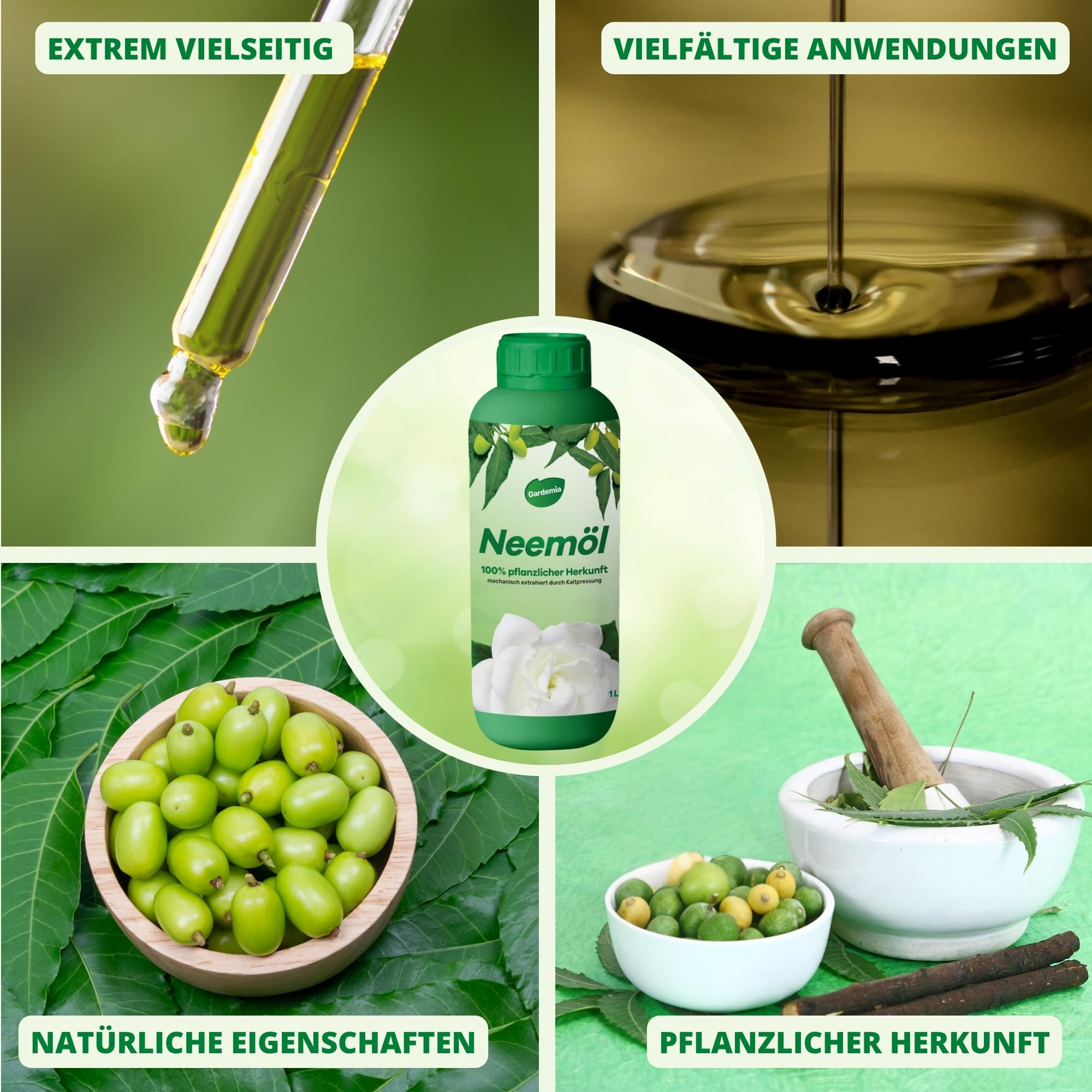 Gardemia Neemöl mit Emulgator 1L mit Wasser mischbar 100% pflanzlichen Ursprungs mechanisch durch Kaltpressung der Früchte des Neembaums extrahiert