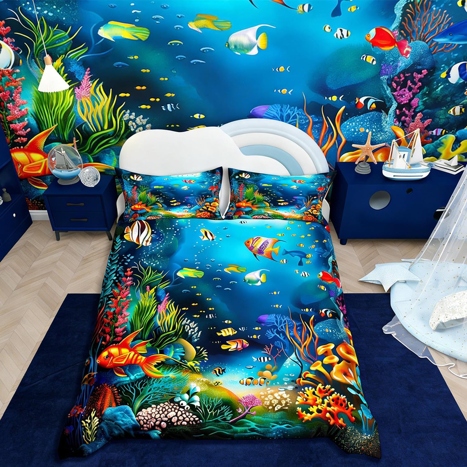 Loussiesd Ocean Fish Double Bedding Set Kids Ocean Marine Duvet Cover