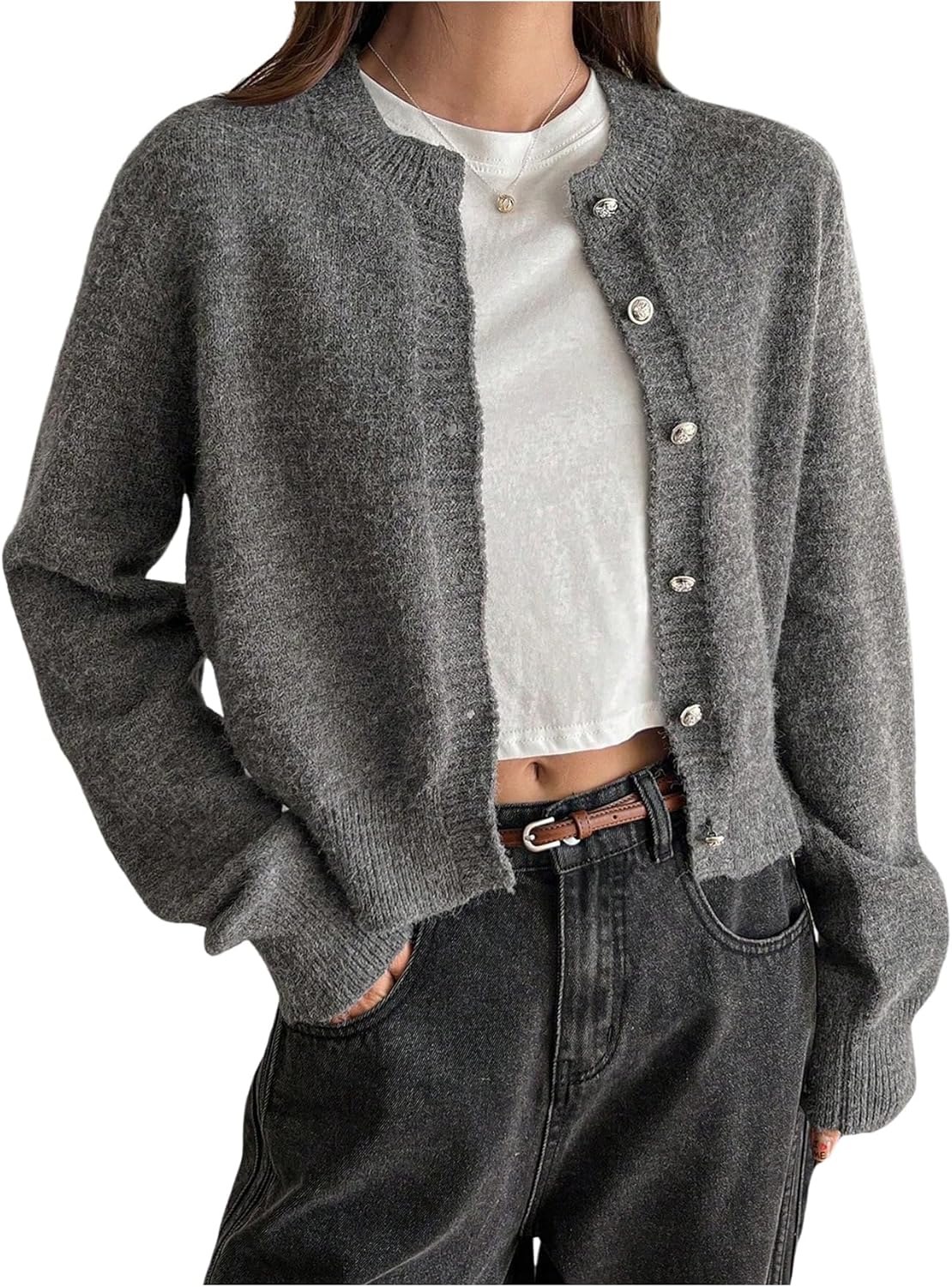 Milumia Women's Cropped Cardigan Button Down Crewneck Long Sleeve Knit Fall Sweater Jackets