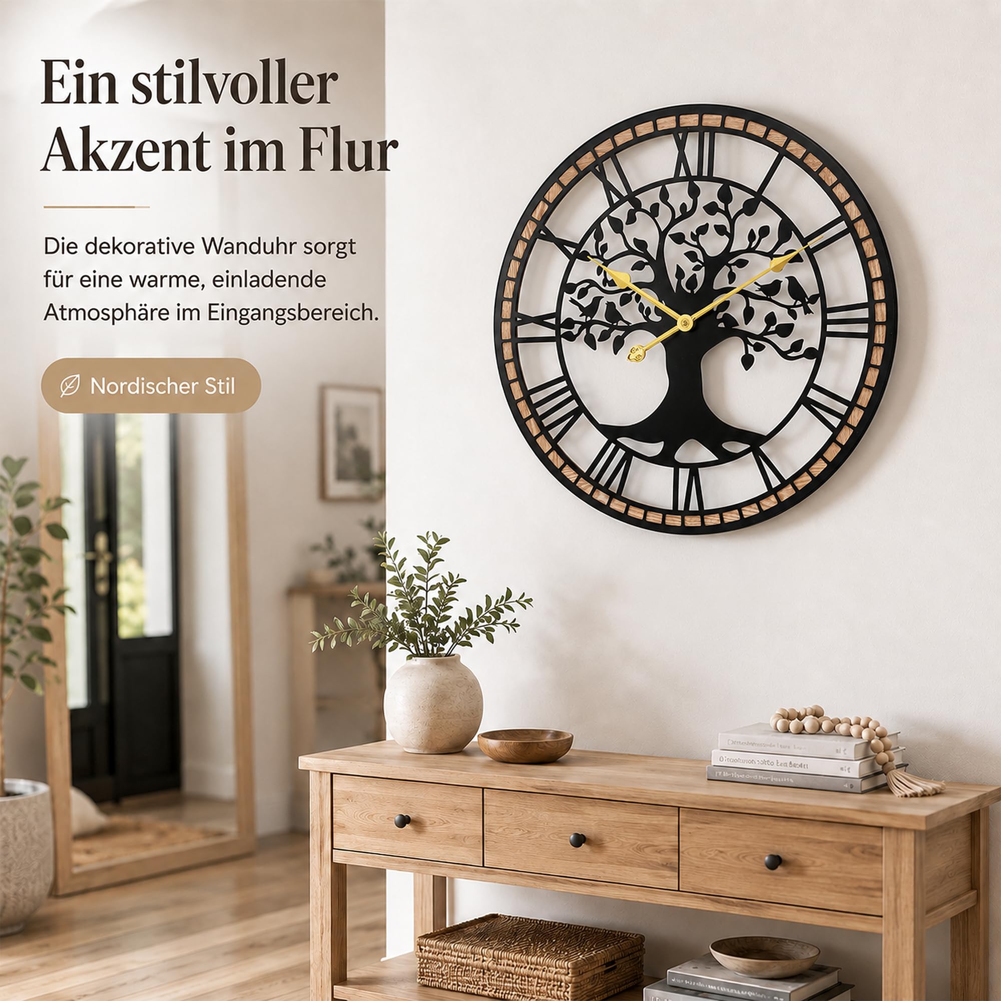 Wanduhr Groß,51/60/80CM Wanduhr Holz,Baum des Lebens und Holzrahmendesign,Stumm - Kein Tickendes Geräusch,für Esszimmer,Schlafzimmer,Küche,Büro,Wanduhr Wohnzimmer