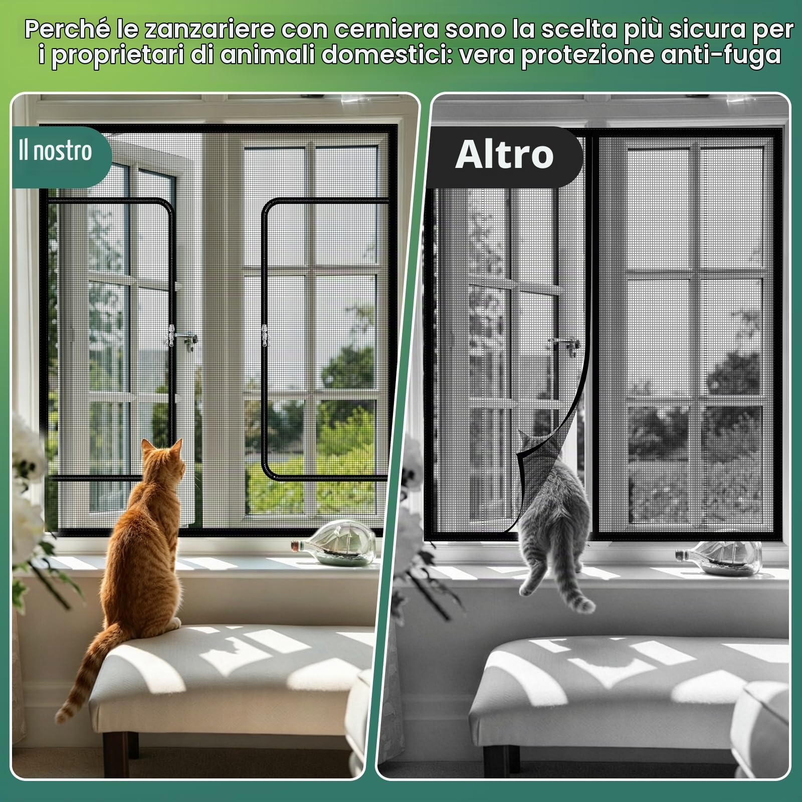 Zanzariera Finestra Su Misura Anti-Gatto con Cerniera, Zip Doppio Cursore, Nastro Autoaggrappante Senza Forare, Protezione Anti-Insetti Rete Nano, Nero o Bianco