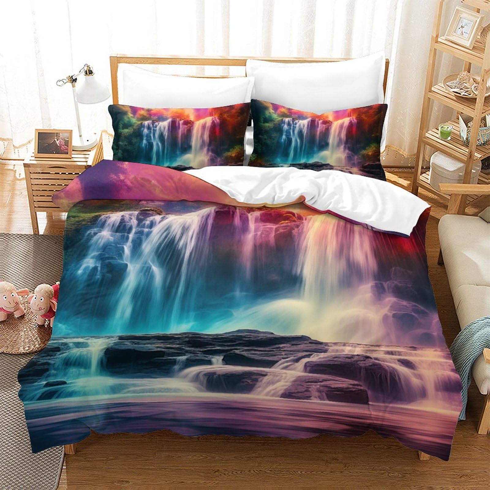 Housse de couette 140x200 microfibre respirante et douce motif cascade 3 pièces pour lit single