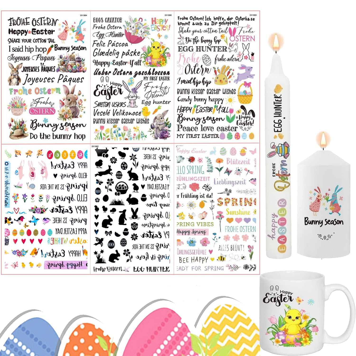 RHHGOPM Pack of 6 Candle Tattoos, Water Transfer Printing, Candle Stickers, Candle Foil, Easter Candle Tattoos, Candle Film Spring, Candle Tattoo Merry Easter for Candle Cup DIY Gift, OS243602