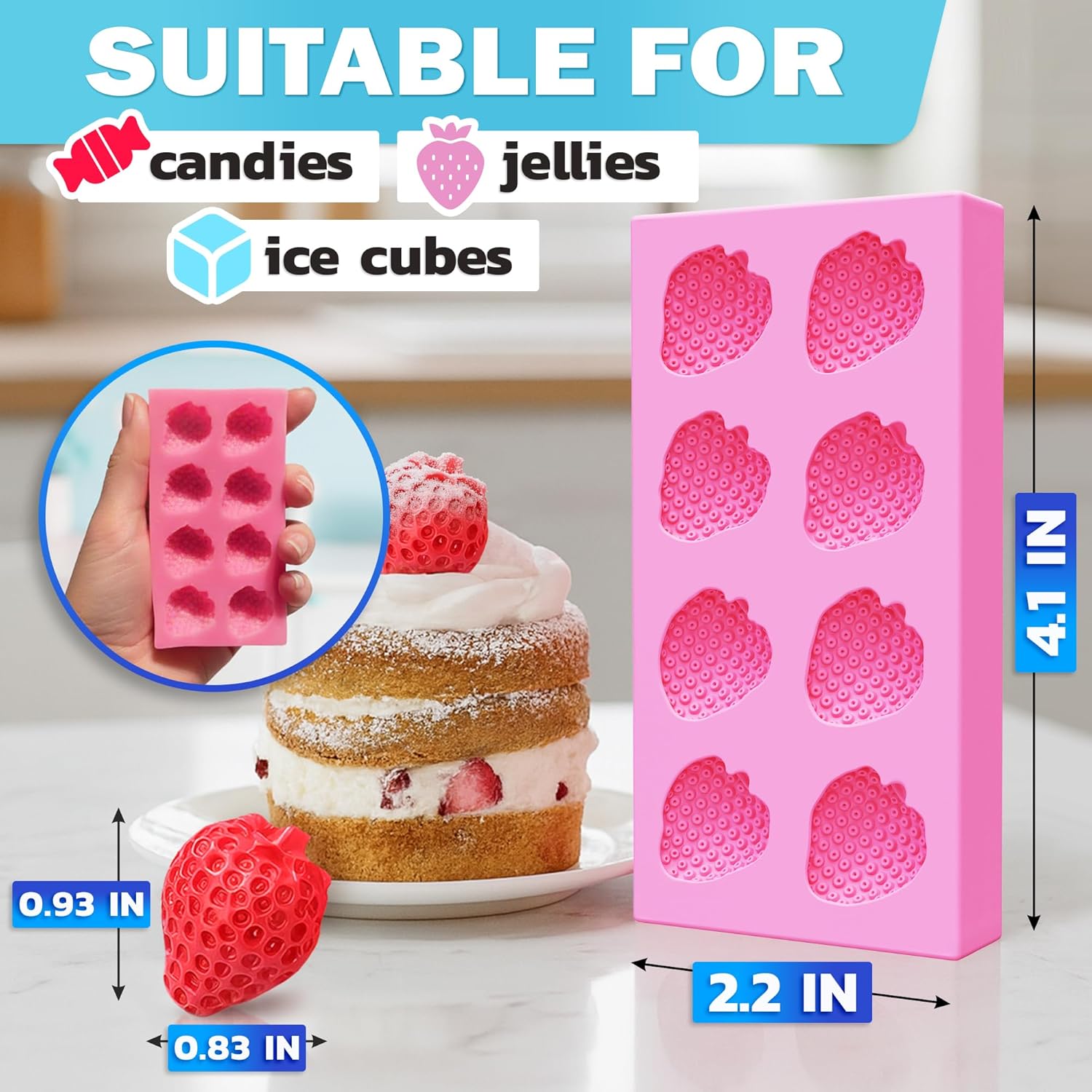 Strawberry Silicone Mold – Food-Grade Strawberry Mold, Pink Silicone Pan 4.2" × 2.2" with 8 Cavities – Flexible Bakeware for Chocolate, Candy, Jelly, Fondant, Soap Making, Polymer Clay & Candle Crafts thumbnail