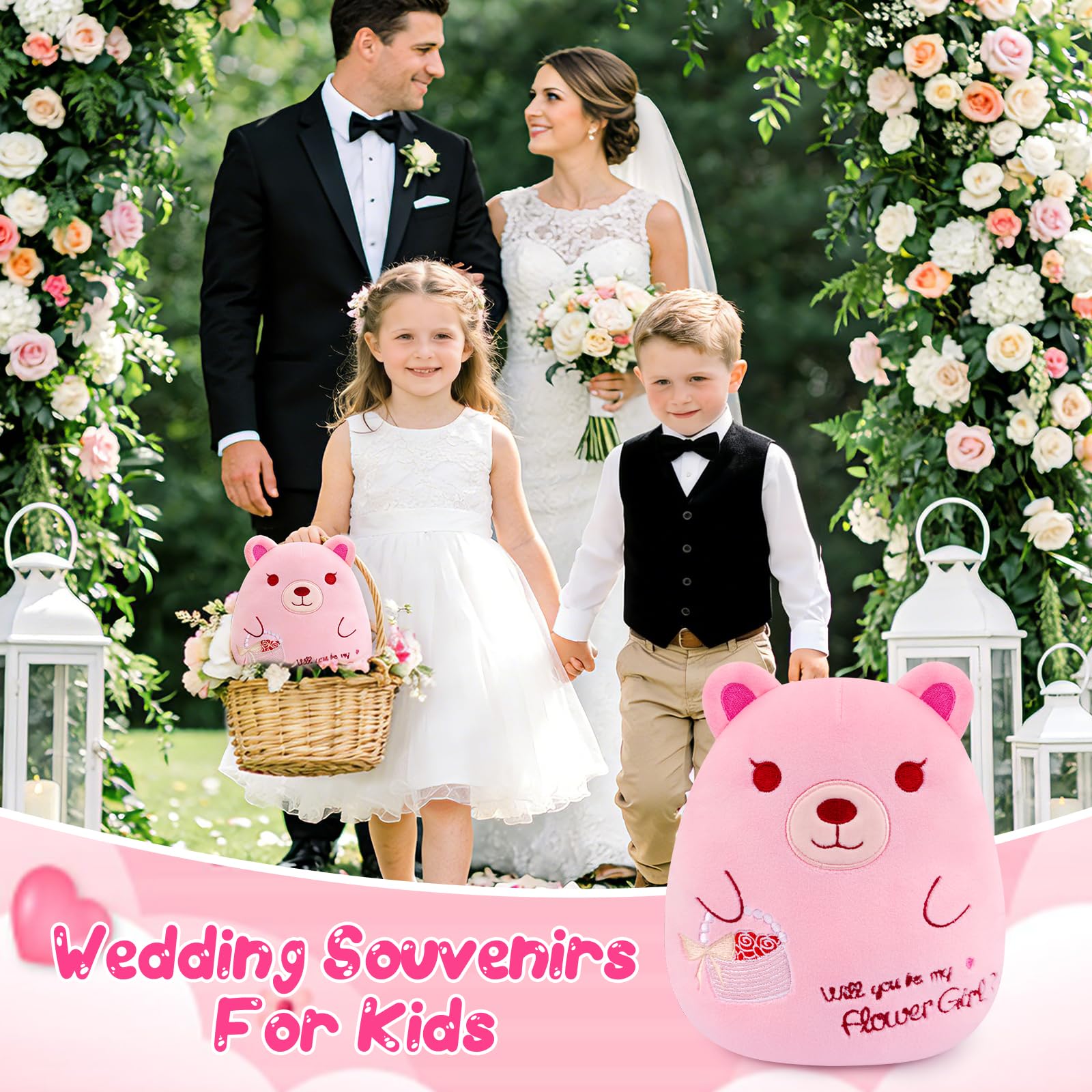 Peluche a forma di orsacchiotto, 19,8 cm, rosa, con cesto di fiori, carino e morbido cuscino in peluche da abbracciare, giocattolo per compleanno, San Valentino, regalo per bambini, fidanzata