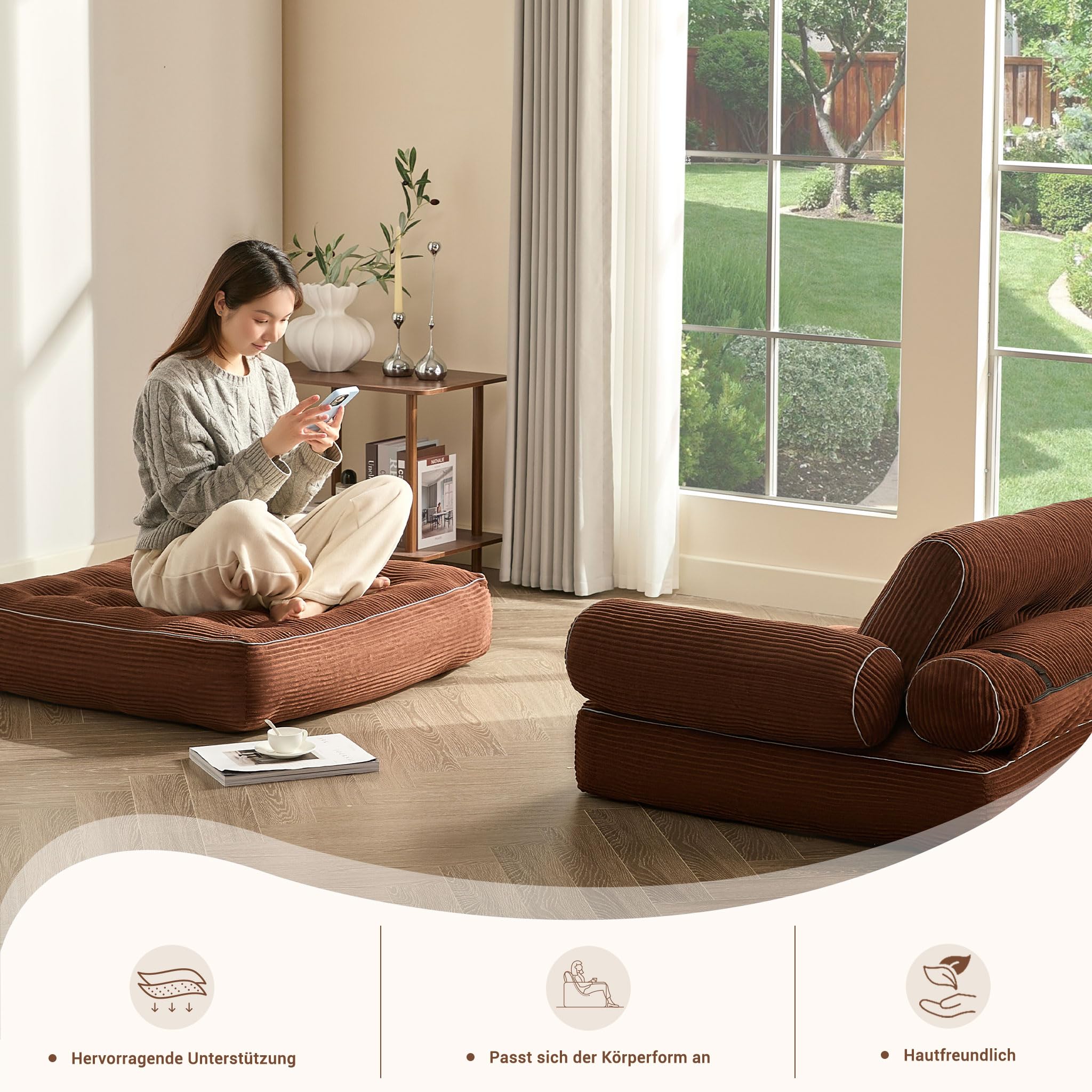 Faltbares Schlafsofa – Sitzsack-Sofa, Relaxsessel, Spielsofa, Schlafsofa & Gästebett für kleine Räume, Sessel fürs Schlafzimmer & Wohnzimmer (Braun, 89.9 cm)