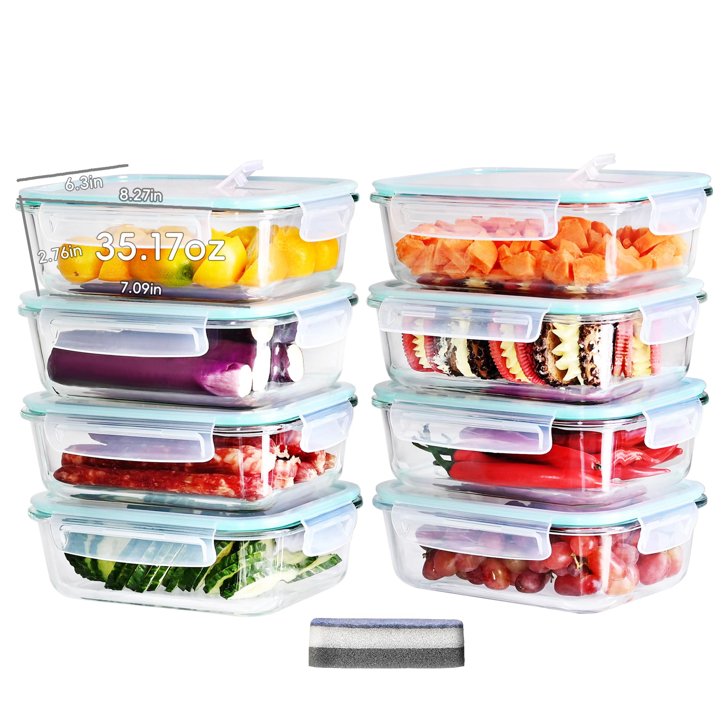 LNWSN Meal Prep Boxen – 8x1040ML Frischhaltedosen | Glasschüssel Mit Deckel Aus Borosilikatglas | Mikrowellengeschirr Für Ofen/Gefrierschrank (-40°C~560°C) | 4-Punkt & LFGB/FDA