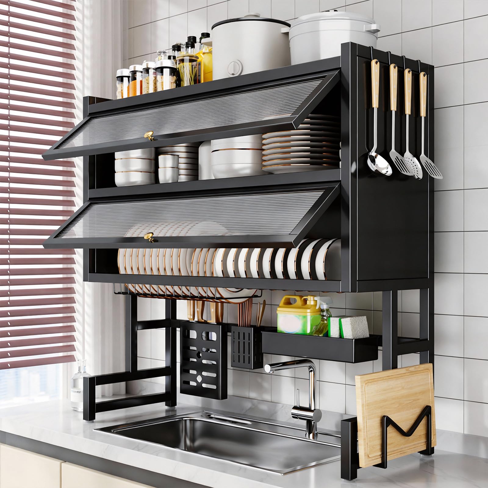 Ruiqas Black 4 Tier Over Sink Dish Drying Rack Kitchen Counter