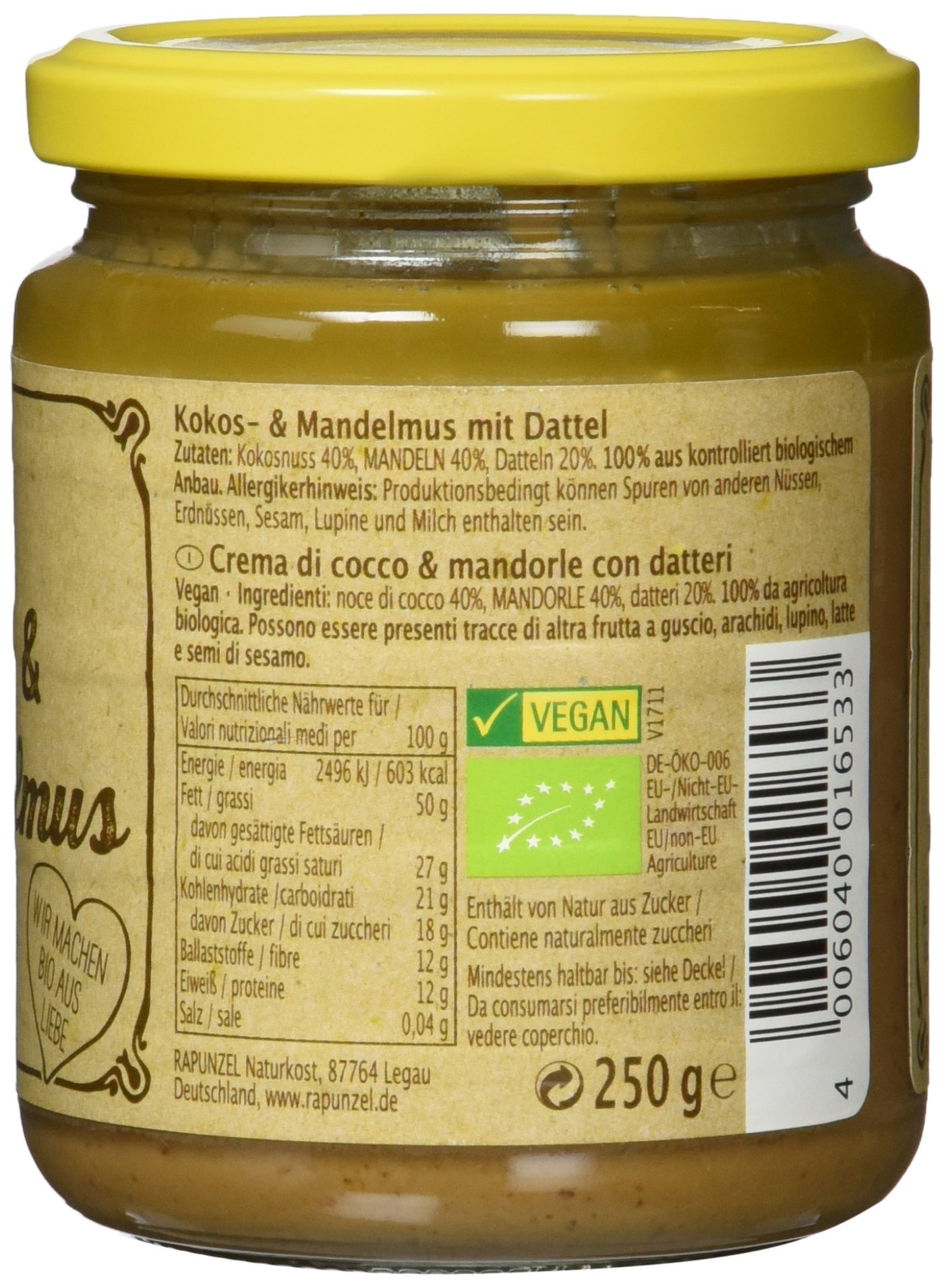 Rapunzel Kokos-& Mandelmus mit Dattel, 3er Pack (3 x 250 g)
