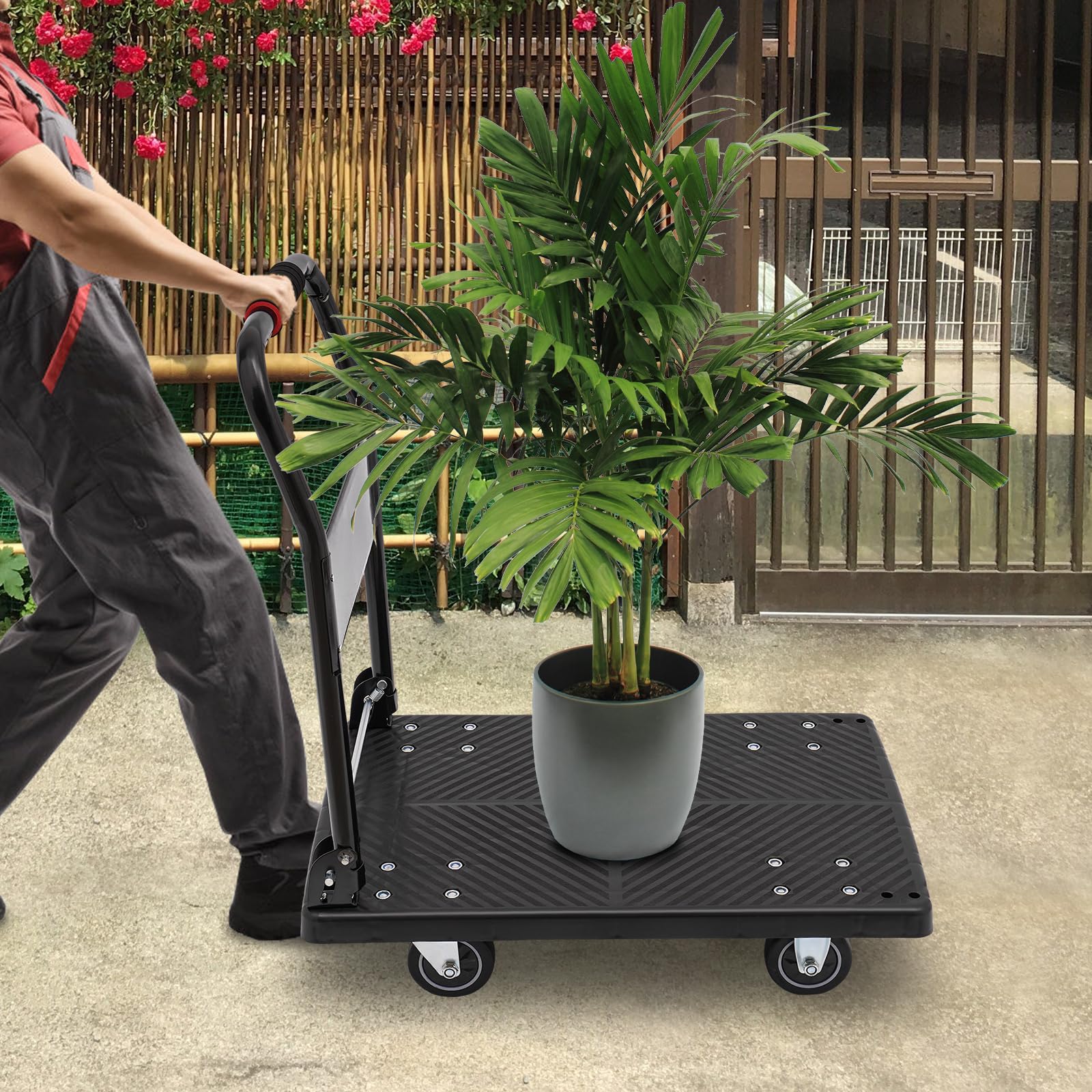 Chariot à plateforme pliable, chariot de transport, chariot à plate-forme avec roulettes silencieuses, chariot de transport de 150 kg, idéal pour le déménagement, l'entreposage, le jardinage et la