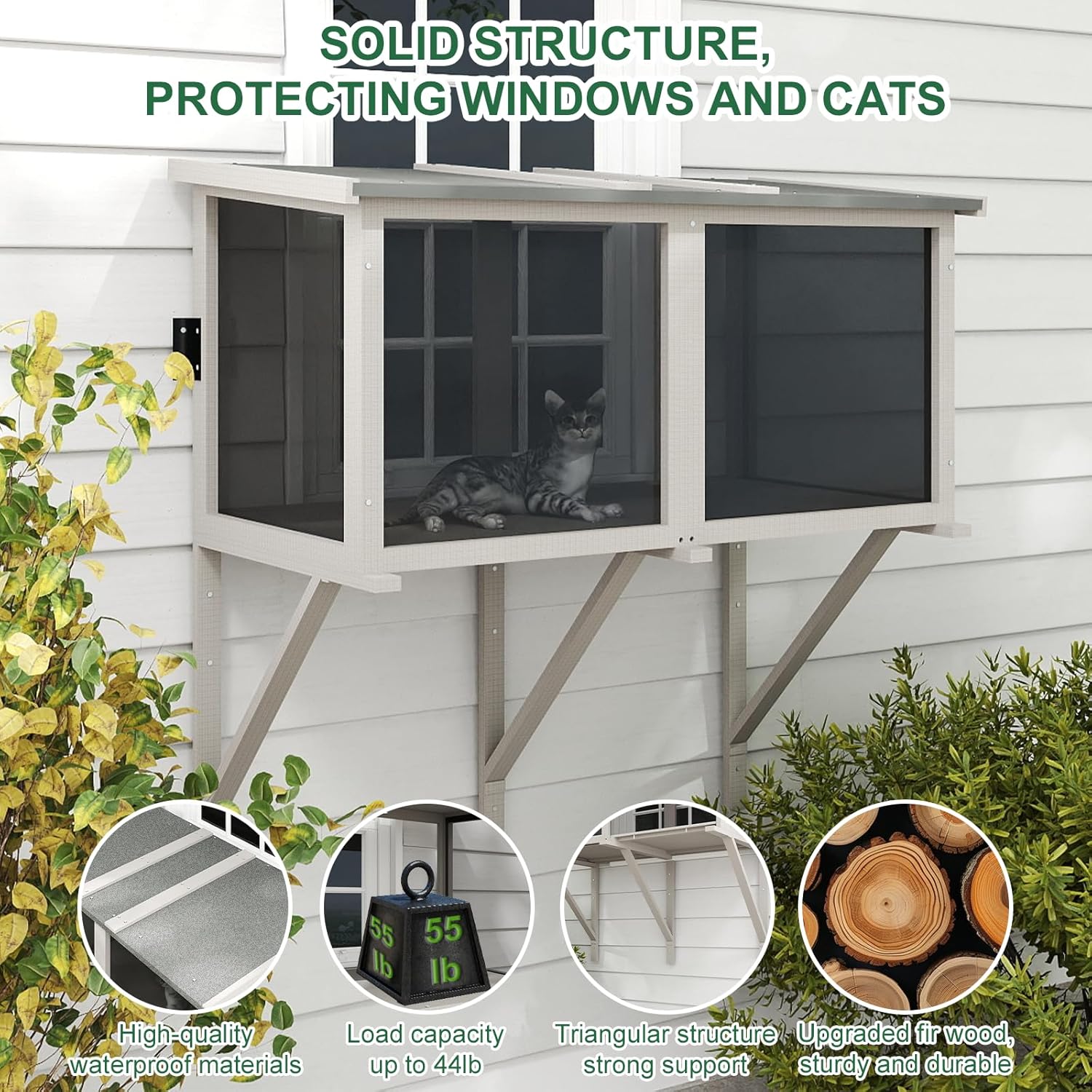 Cat Catio, Expandable Window Box Enclosure for Indoor Cats, Comfortable Wooden Small Pet Perch House Hammock, All-Weather, Keep Bugs Insects Out