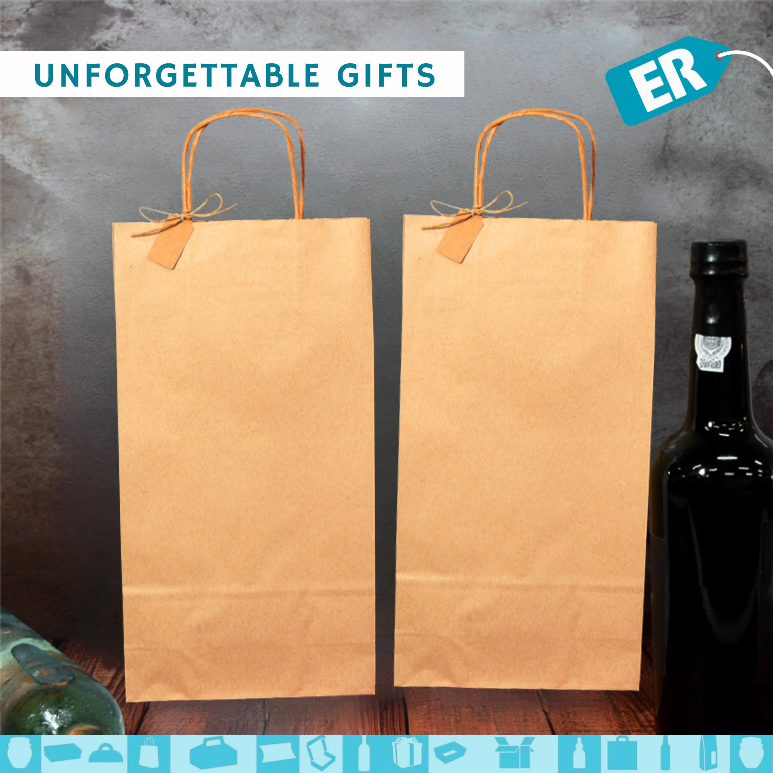 Espirito Rebelde 100 Beutel für 2 Weinflaschen mit Trennwand aus Karton, 18 x 8 x 34 cm | Elegantes Design, sicherer Transport mit verstärkten Griffen | ideal für Weingeschäfte, Weihnachtsgeschenke