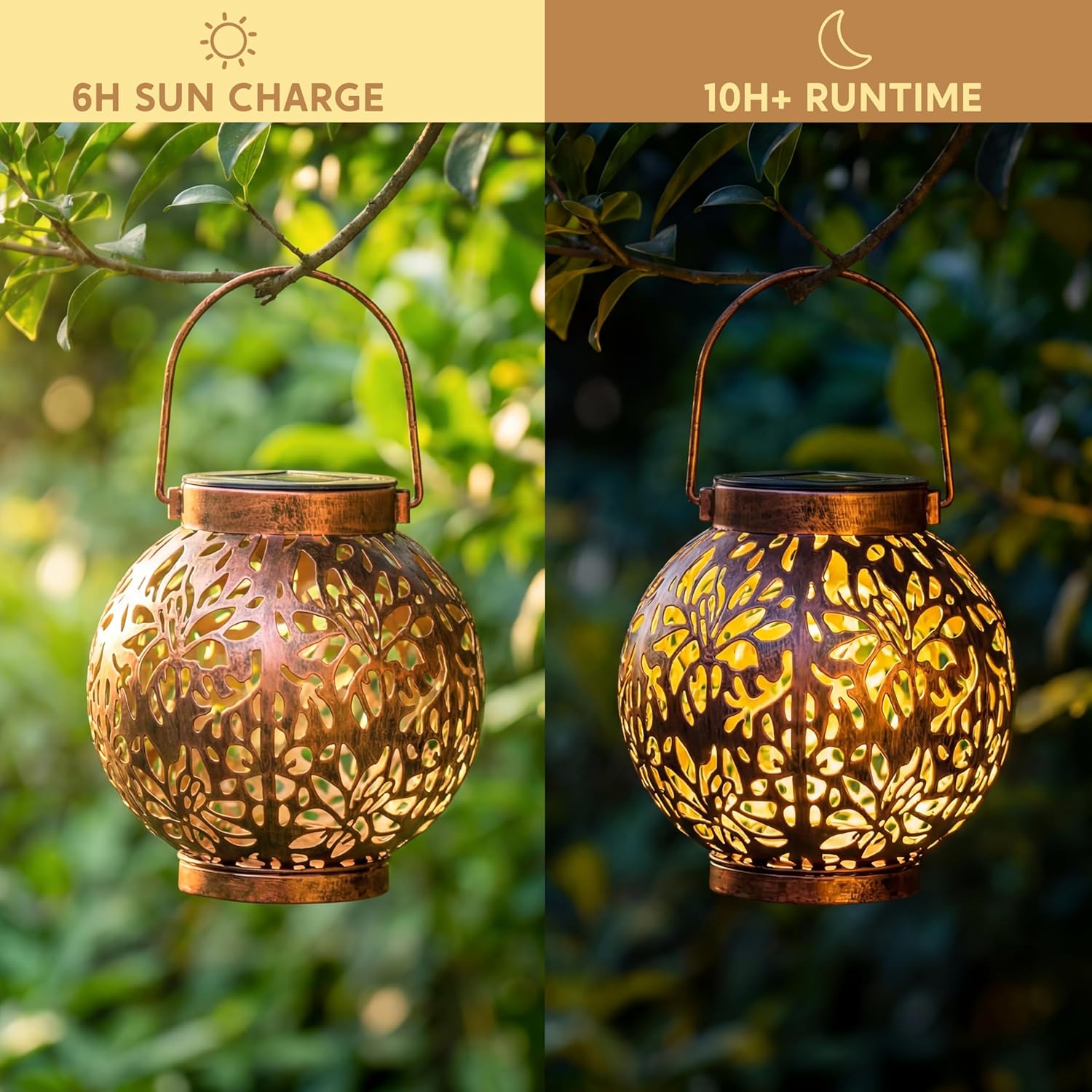 JOIEDOMI 2 Pack Outdoor Solar Hanging Lantern Lights, Waterproof Tabletop with Handle, LED Moroccan Lanterns, Metal Decorative Garden Solar Lights Spring for Patio, Lawn, Porch, Backyard - Image 3