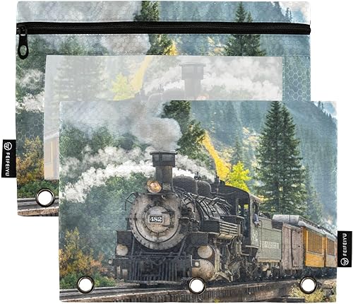 Carpeta infantil con diseño de tren de vapor, carpeta de archivos de montaña, bolsa resistente para 3 anillas, ventana transparente, oficina,