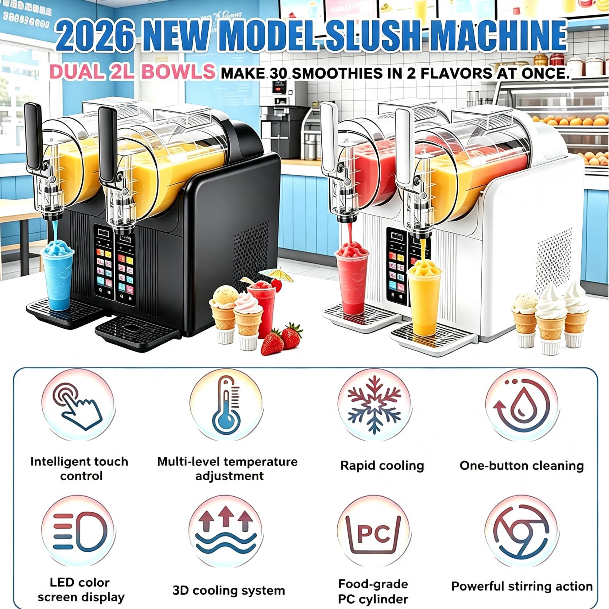 Máquina para granizados doble depósito 380W, 7 en 1 para bebidas congeladas