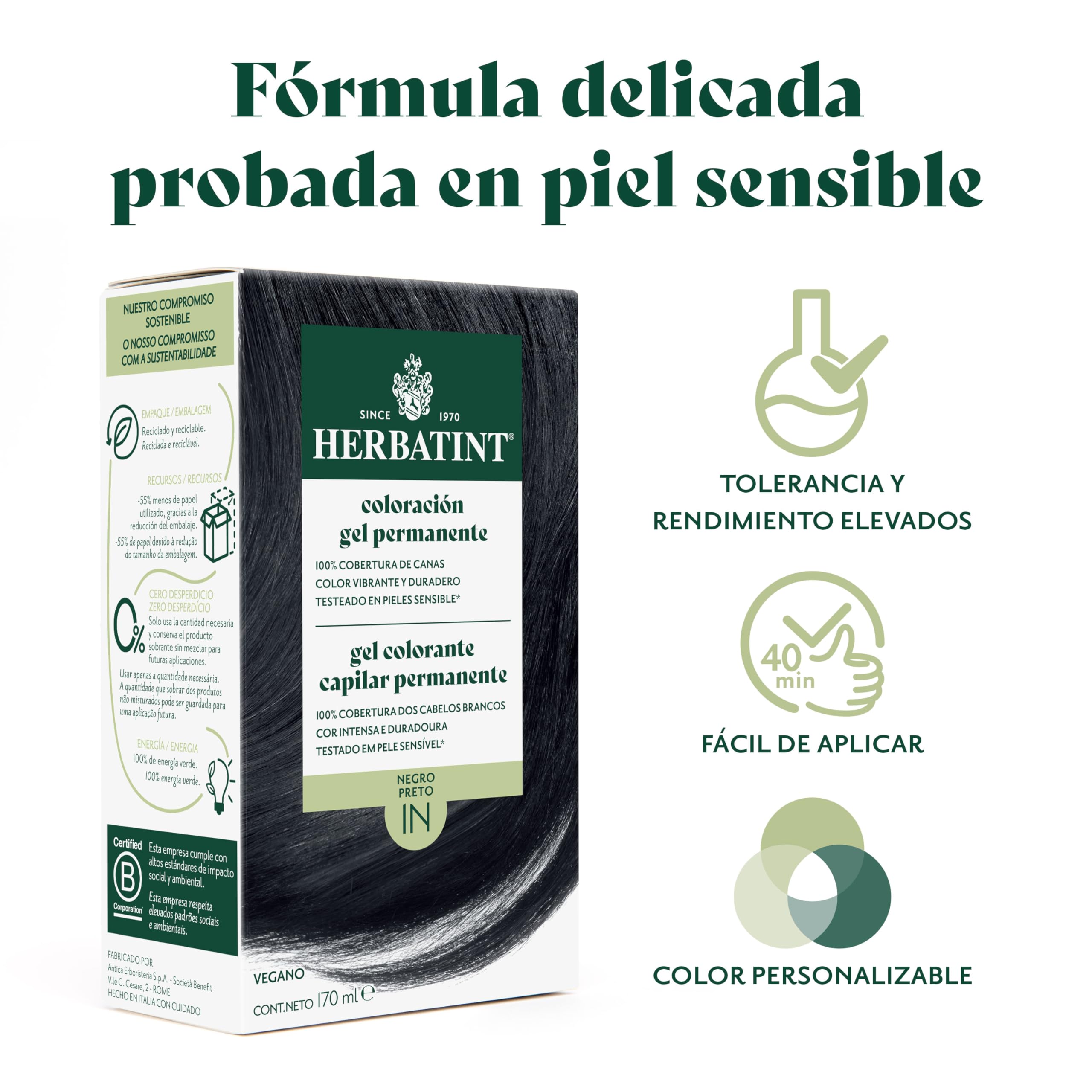 Herbatint Trwały żel do włosów farbowanie 1N czarny - 170 ml, bez amoniaku, 100% pokrycie siwych włosów, dla wrażliwej skóry, z 8 naturalnymi ekstraktami z biologicznych