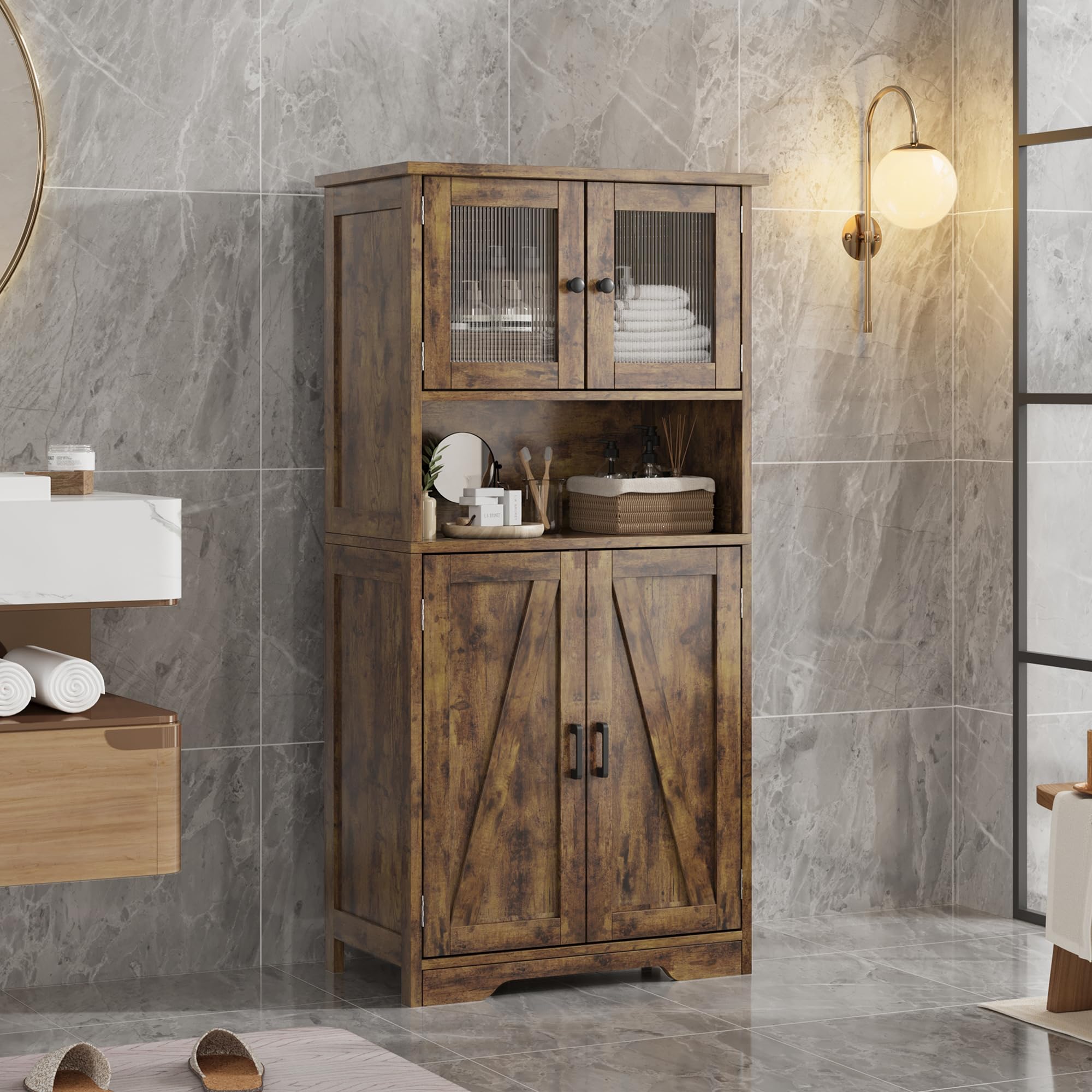 Zstar 50.4" Gabinete De Almacenamiento Grande De MDF con 4 Puertas y 1 Compartimento Abierto, 2 Puertas De Vidrio, Estantes Ajustables para Cocina, Dormitorio, Sala o Pasillos, Marrón.