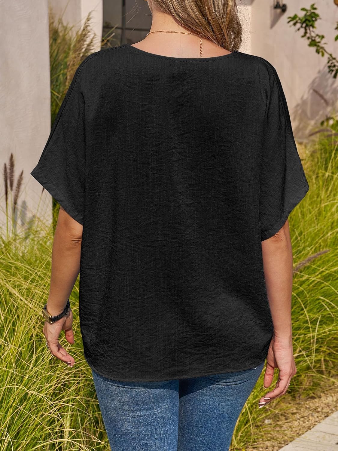 Tankaneo Womens Shirt Tops Batwing Short Sleeve Blouse Summer Casual Oversized V Neck Button Down Shirts - Image 5