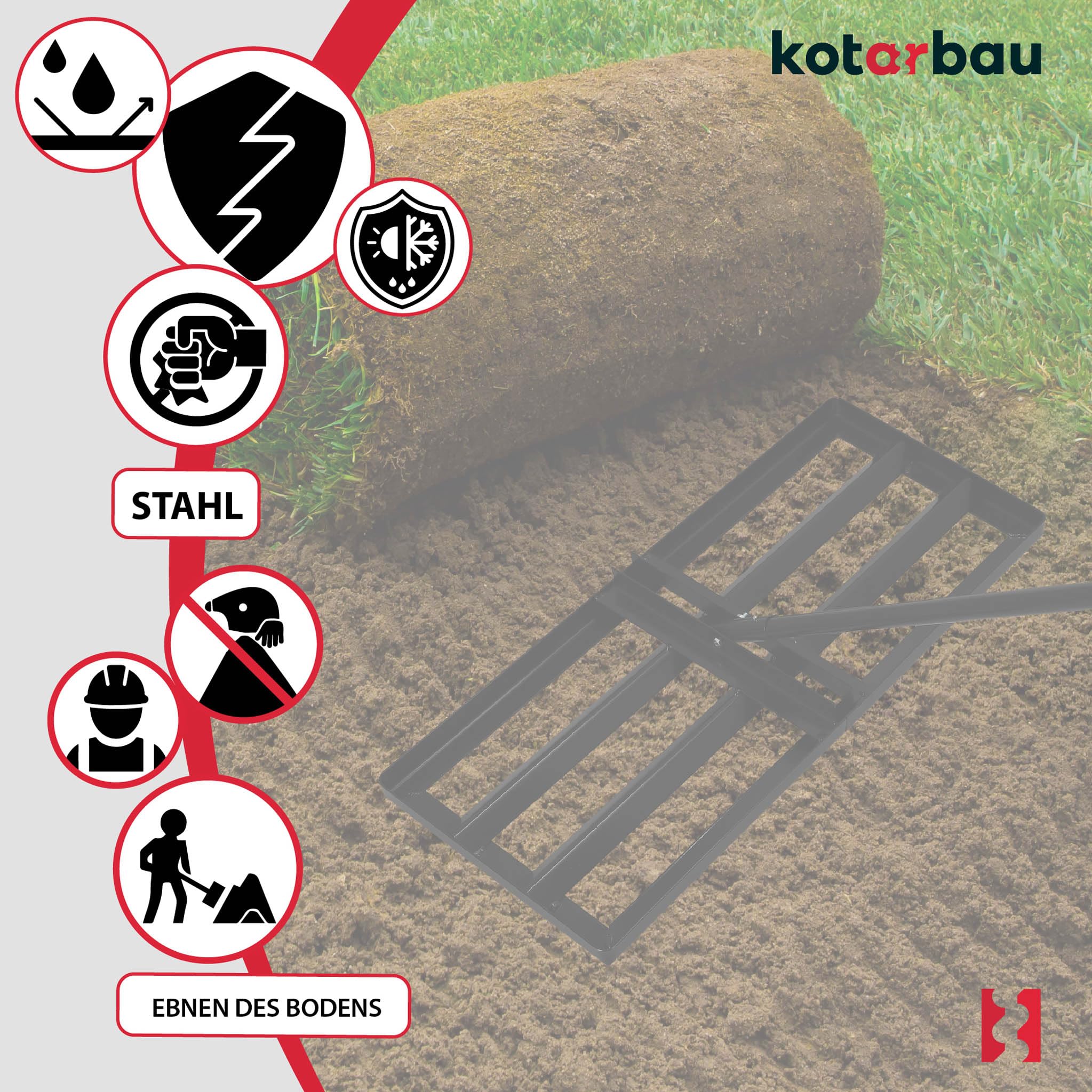 KOTARBAU® Rasenrakel - 90 x 30 cm - Rasen Nivellierrechen - mit Stahlstiel - 175 cm - Gartenwerkzeug zur Rasenpflege - Rasen Rakel - Gartenzubehör - Stahl - Schwarz