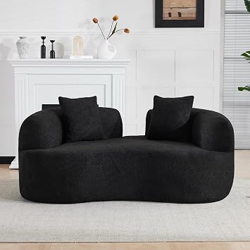DEINPPA Curved Loveseat Sofa with Pillows, Teddy Cloud Loveseat Couches for Living Room Apartment Office, No Assembly Required-Black