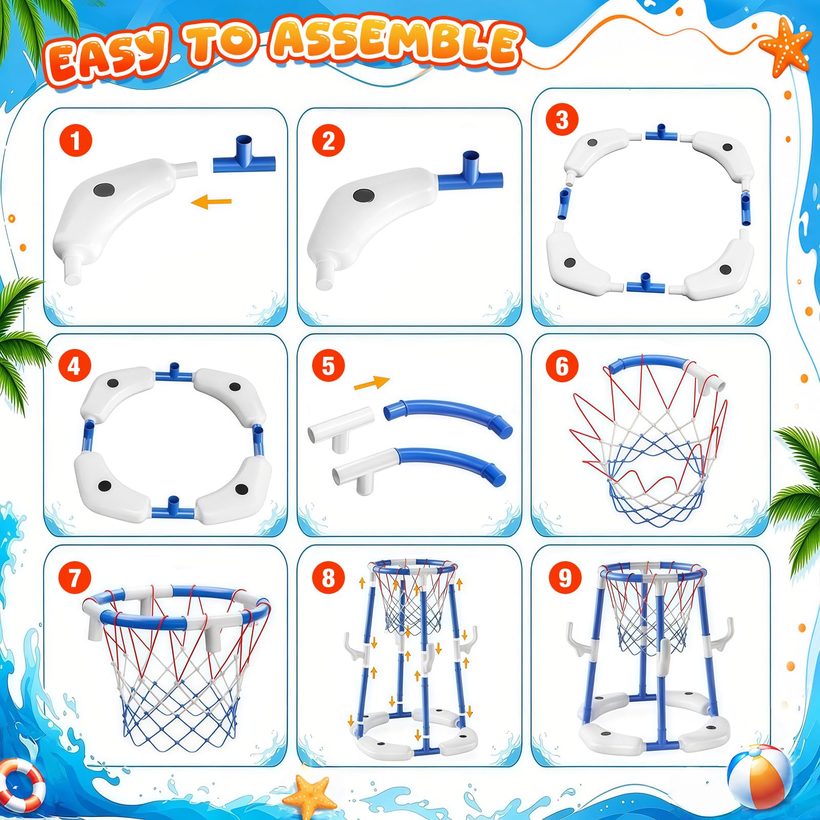 Canasta de baloncesto para piscina 3 en 1 al aire libre, canasta de baloncesto flotante, juguete para piscina con 4 pelotas de baloncesto, 12 bolas de lanzamiento, 12 anillos, juguete de piscina para