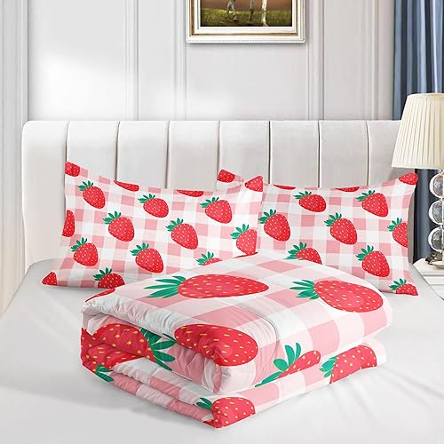 Miniatura 5 de Juego de ropa de cama Kawaii de fresa para niñas, juego de ropa de cama con patrón de cuadrícula rosa con 1 edredón y 2 fundas de almohada para