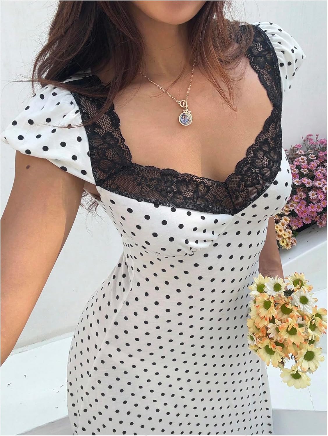 Milumia Women's Polka Dots Lace Trim Maxi Dress Sweetheart Neck Short Sleeve A Line Dresses - Image 4