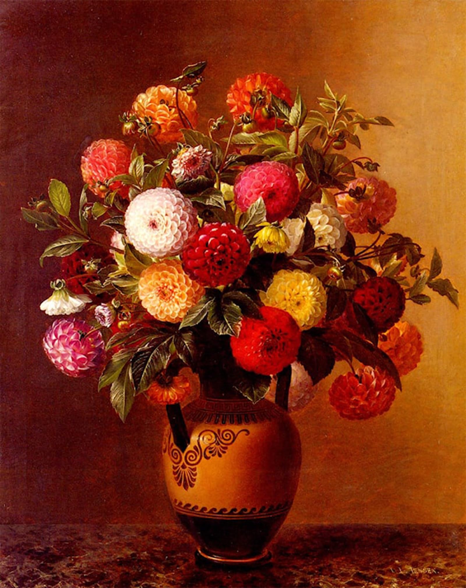 ARTXLXXBN Famous Painting Art Wall Decor Abstract Art Picture Still Life of Dahlias in a Vase by Johan Laurentz Jensen Animal Pictures for Home Decor 60x90cm