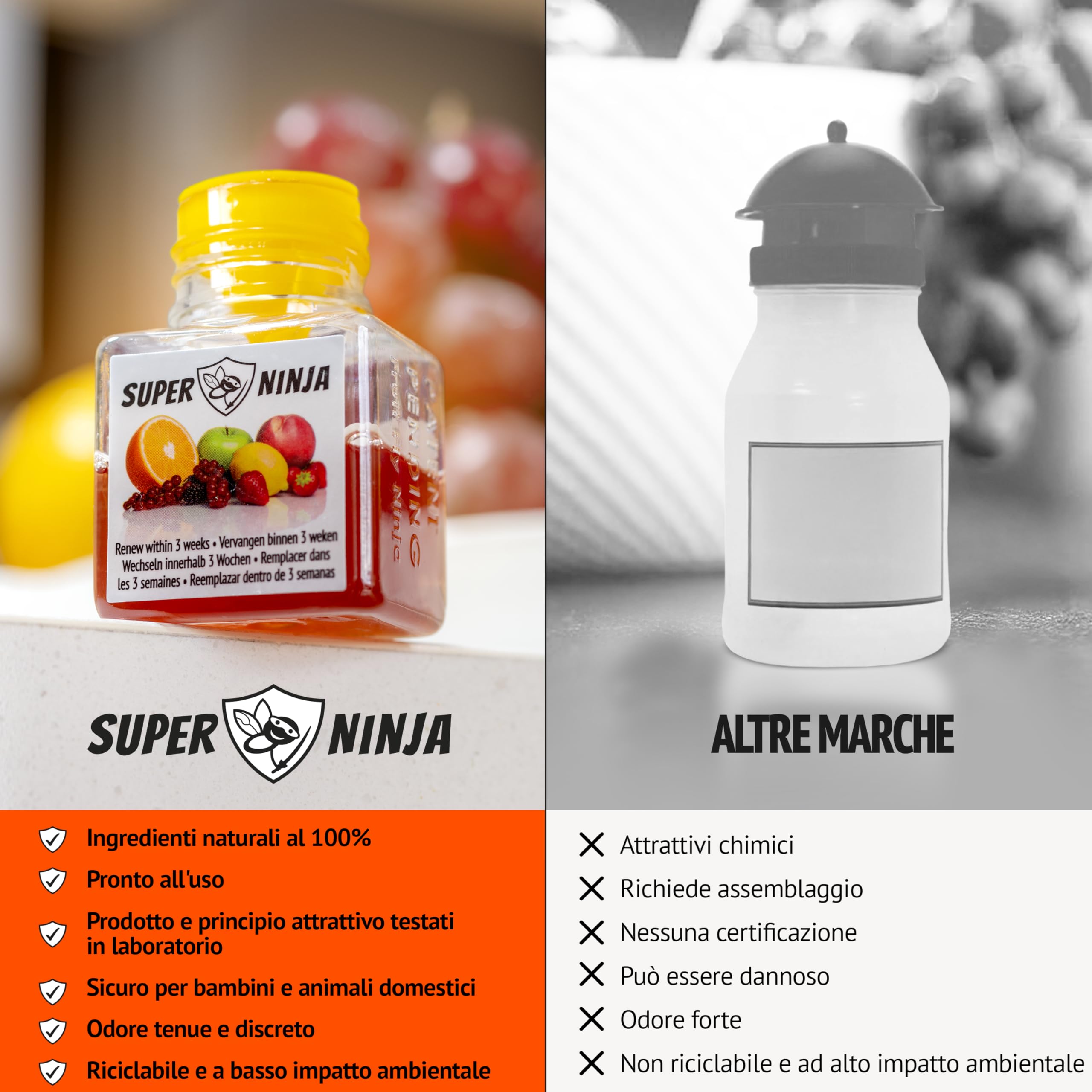 Super Ninja Trappola Moscerini Frutta per Interni - 2 Pezzi, trappola per moscerini della frutta efficace per casa e cucina, attiva fino a 3 settimane, adatta a bambini e animali domestici
