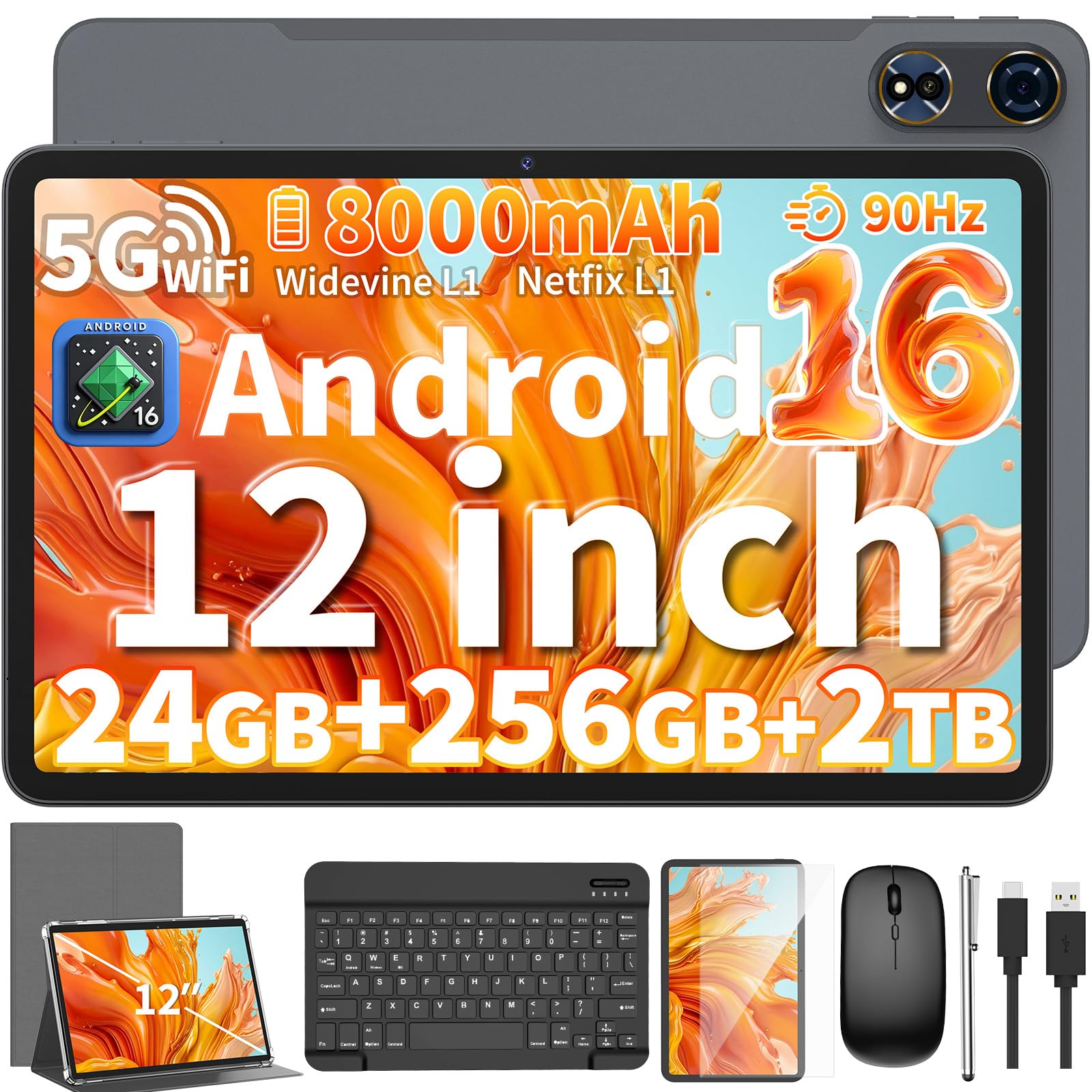 Android 16 Tablet with Keyboard - 12 Inch Tablets, Silver Case