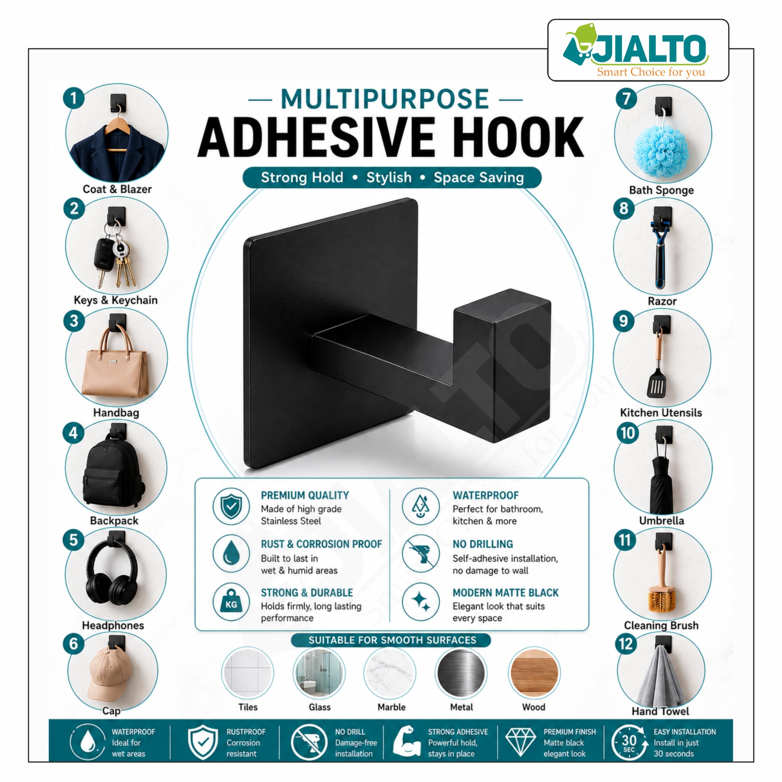 JIALTO 6 pcs Self-Adhesive Hooks: Heavy-Duty Waterproof Stainless Steel for Drilling-Free Wall Mounting - Ideal for Strong Coat, Kitchen, and Bathroom Towel Hanging (Matt Black) 4