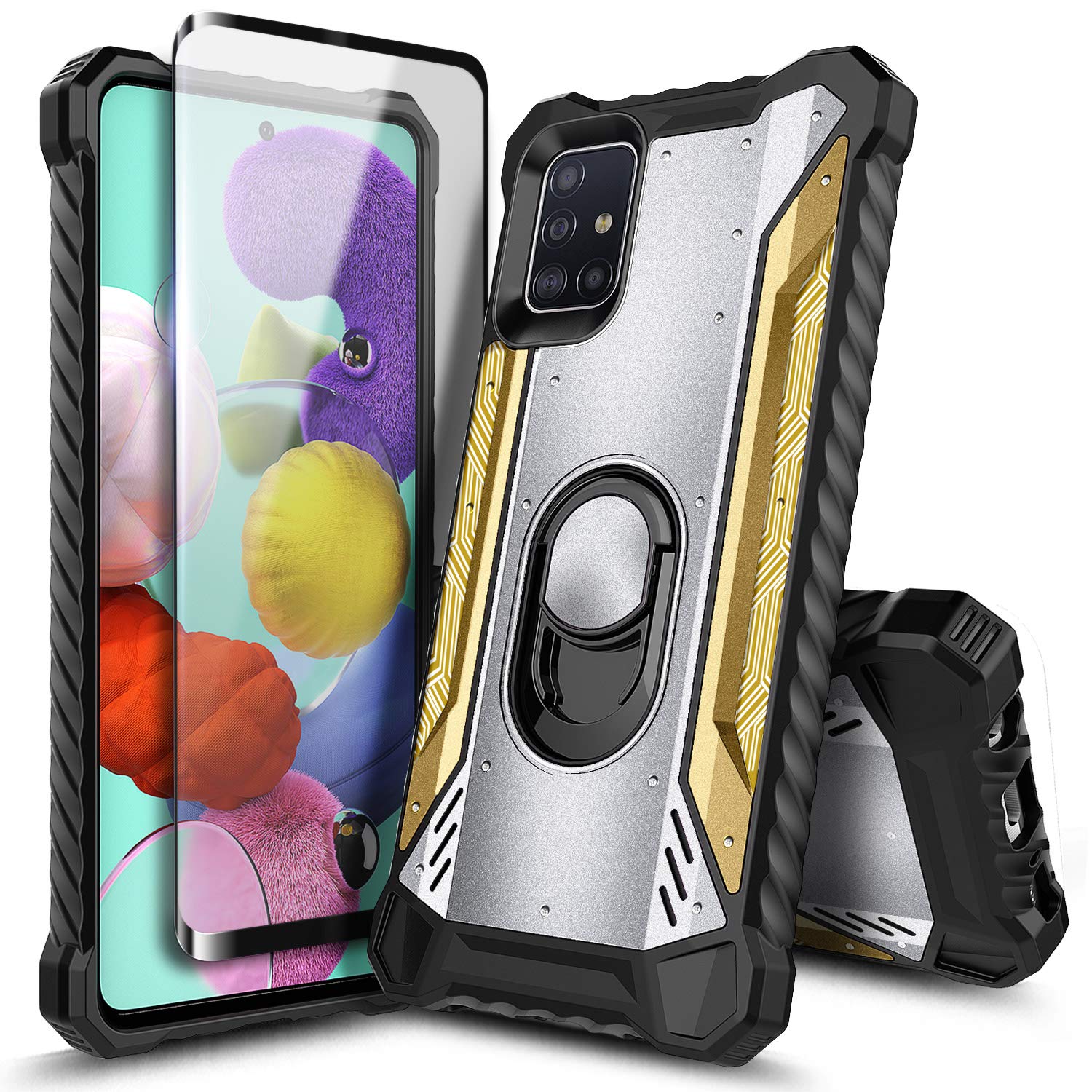 E-Began Case for Samsung Galaxy A51 4G with Tempered Glass Screen Protector (Maximum Coverage), Aluminum Magnetic Metal Built-in Ring Holder, Full-Body Protective Shockproof Case -Silver/Gold