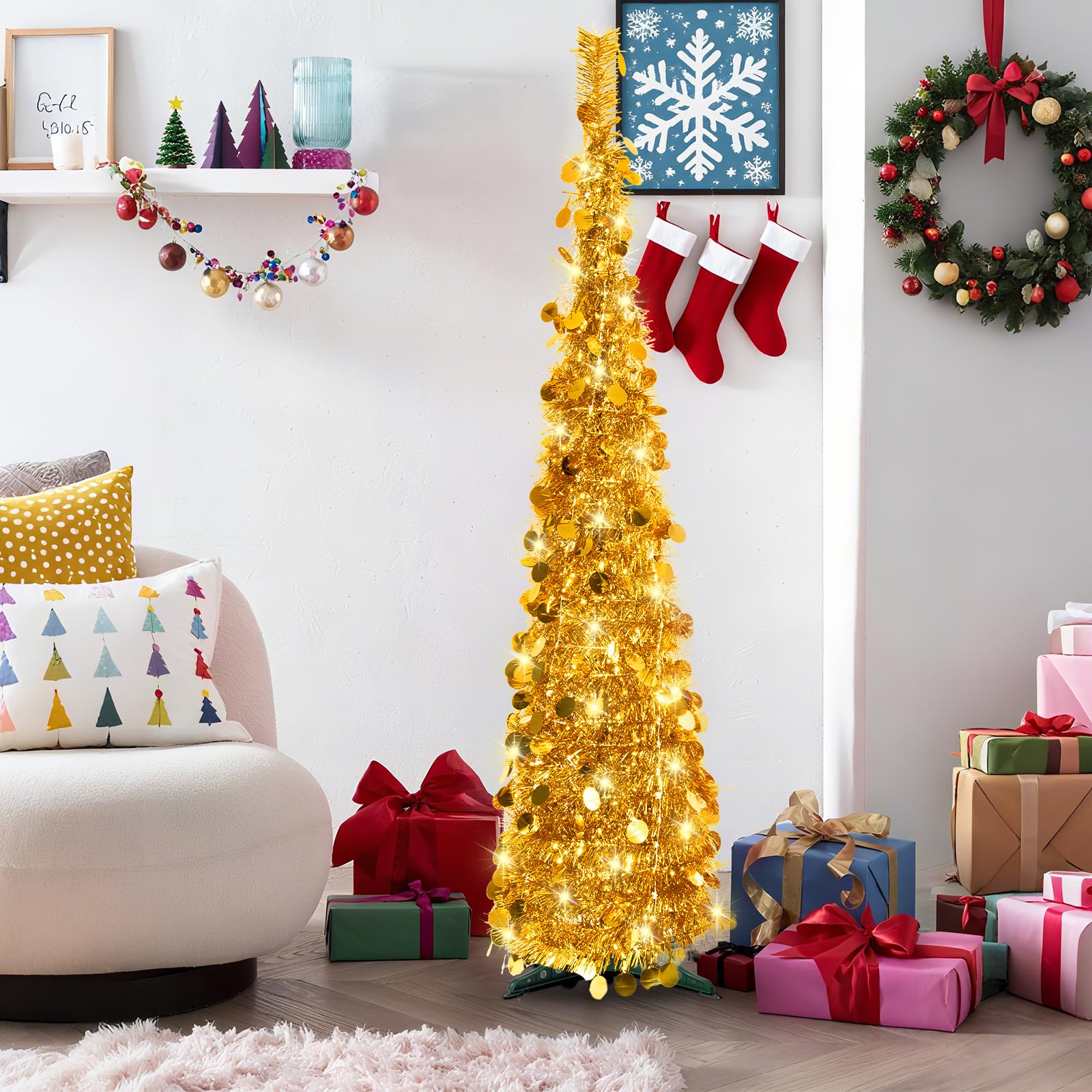 Sapin de Noël pop-up de 1,5 m, pliable et fin - Sapin artificiel fin pour décoration de la maison - Doré