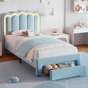 Twin Upholstered LED Bed Frame with Storage Drawer and Adjustable Chic Double Wavy Headboard, Velvet Princess Platform Bed for Kids/Girls, Solid Wood Slats Support, No Box Spring Needed, Blue