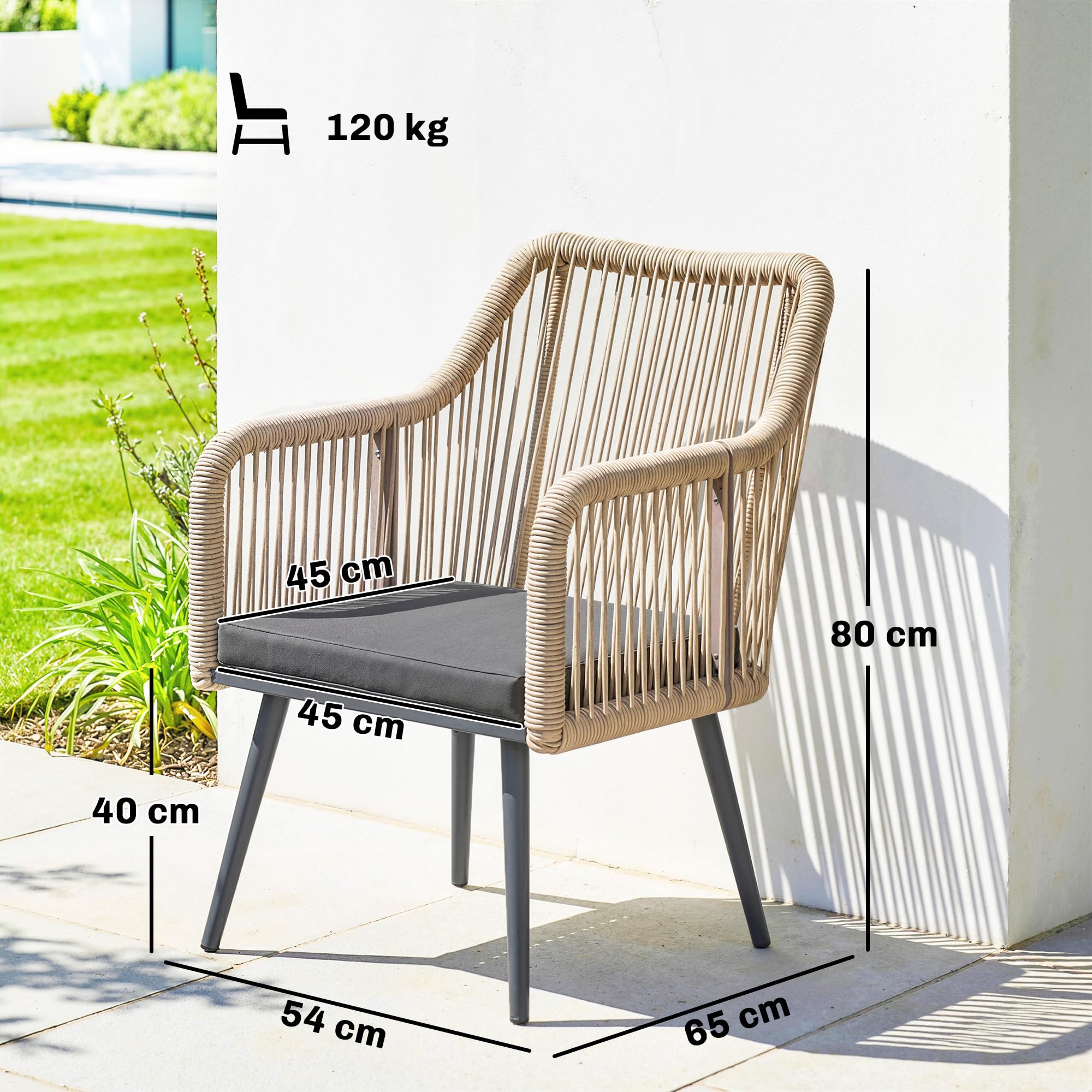 Outsunny Set 2 Sedie da Giardino in Rattan PE con Cuscini Morbidi Lavabili e Braccioli, Sedie per Pranzo da Esterno in Acciaio, da Patio, Balcone, Terrazza, Esterno, 54x65x80cm, Grigio Scuro
