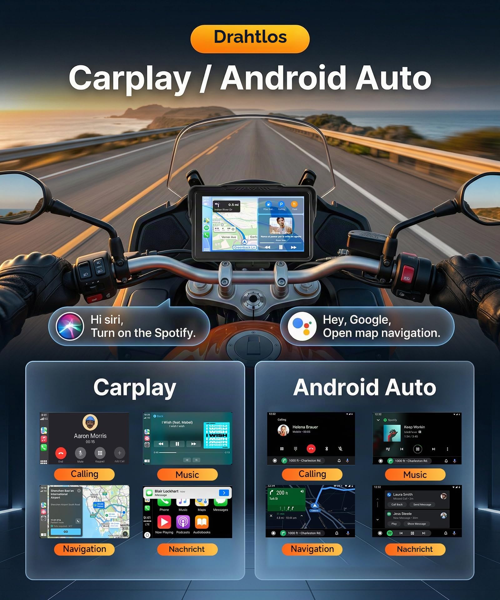 Rimoody 7 Zoll Carplay Bildschirm für Motorrad, Kabellos Carplay & Android Auto Display für Motorräder, Wireless CarPlay Autoradio für Krafträder, IP68 Wasserdichter, Bluetooth, Sprachsteuerung, GPS