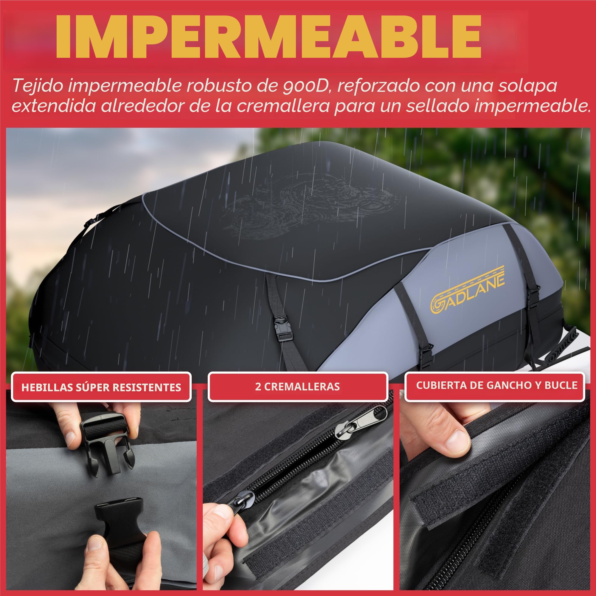 GADLANE Bolsa de Techo para Coche 550L, Impermeable, para automóviles con/sin portaequipajes con 6 Correas Resistentes, Alfombrilla Antideslizante y Bolsa de transporta para automóviles (Gris/Negro)