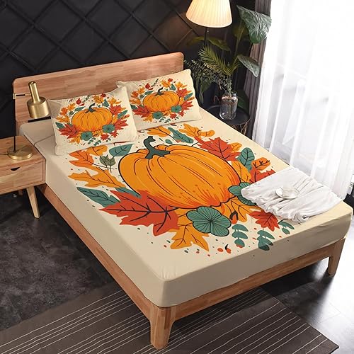 Miniatura 2 de zcsm Juego de sábanas tamaño Queen, sábanas de calabaza de Acción de Gracias, sábanas y fundas de almohada, microfibra suave, bolsillo profundo y