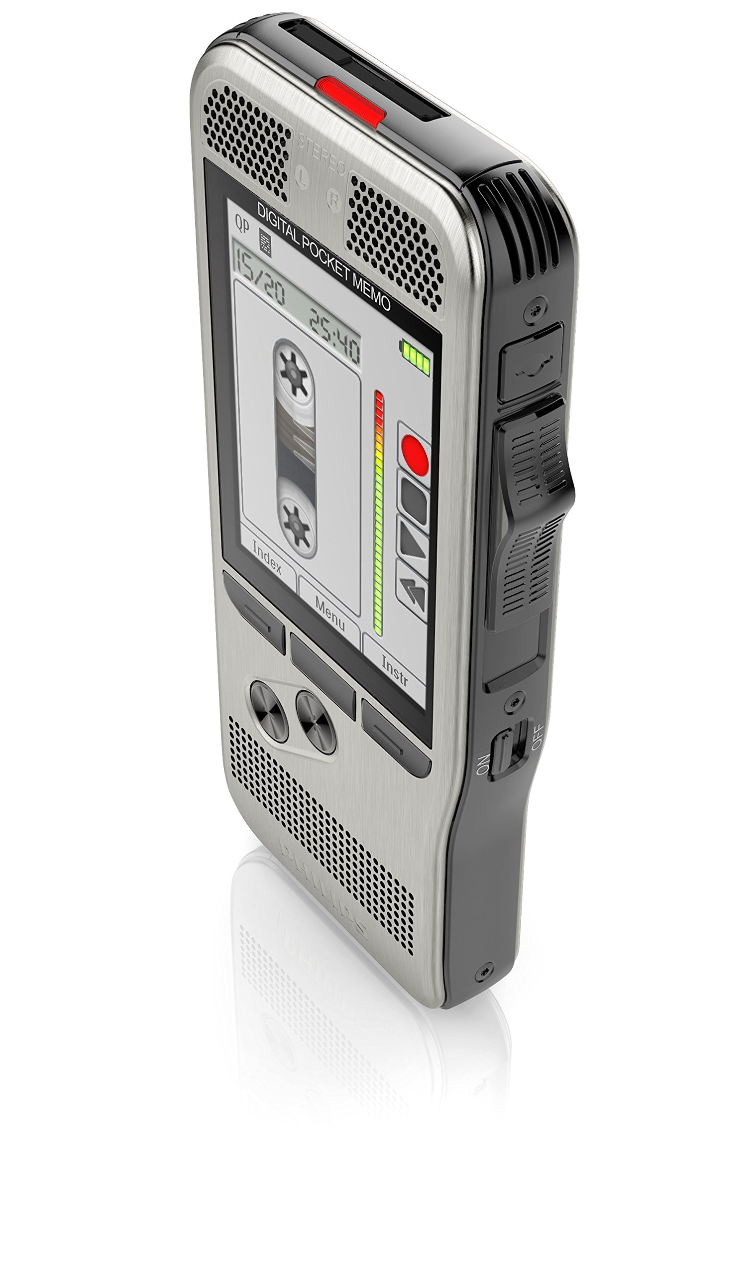 Philips Pocket Memo Digitales Diktiergerät DPM7200 Schiebeschalter-Bedienung, 2 Mikrofone für Stereo-Tonaufnahmen, Farbdisplay, Edelstahlgehäuse, inkl. Diktiersoftware SpeechExec Basic 2-Jahres-ABO