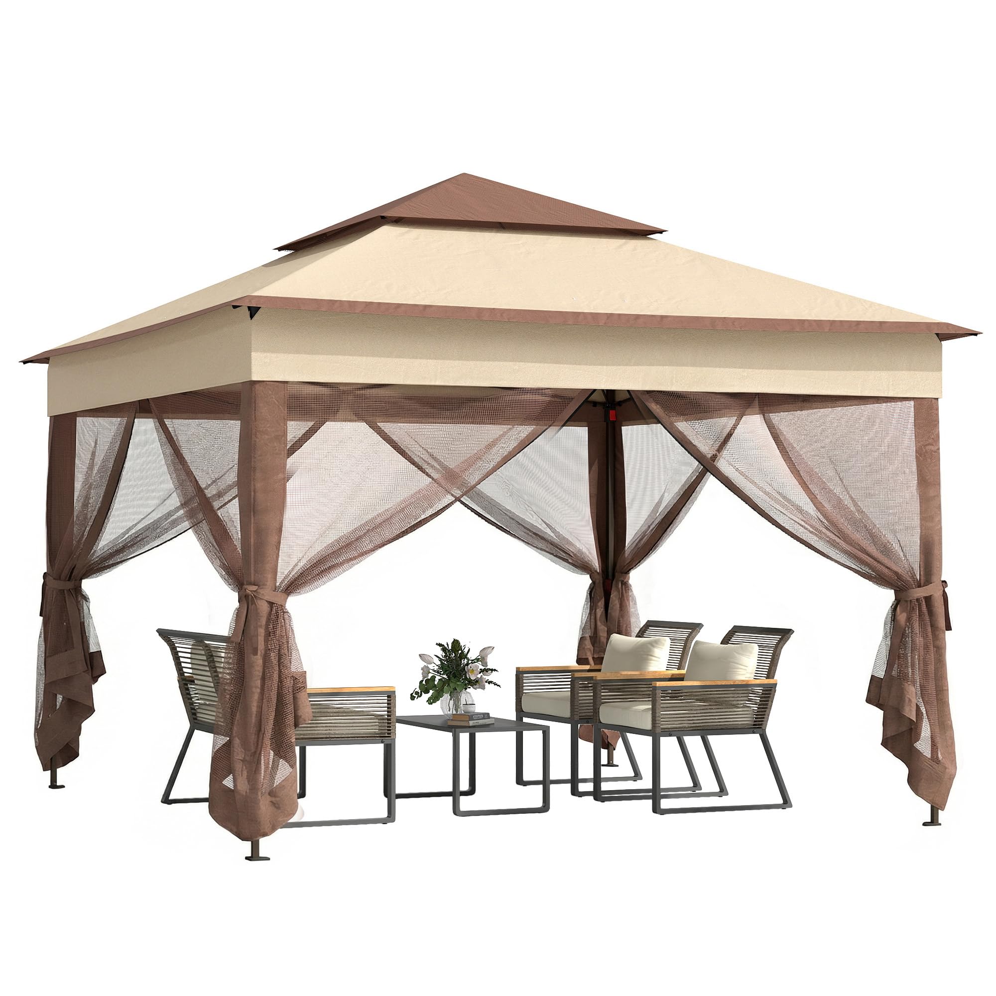 Outsunny 3 x 3(m) Pop Up Gazebo, Double-roof Garden Tent with Netting and Carry Bag, Party Event Shelter for Outdoor Patio, Khaki — image 1