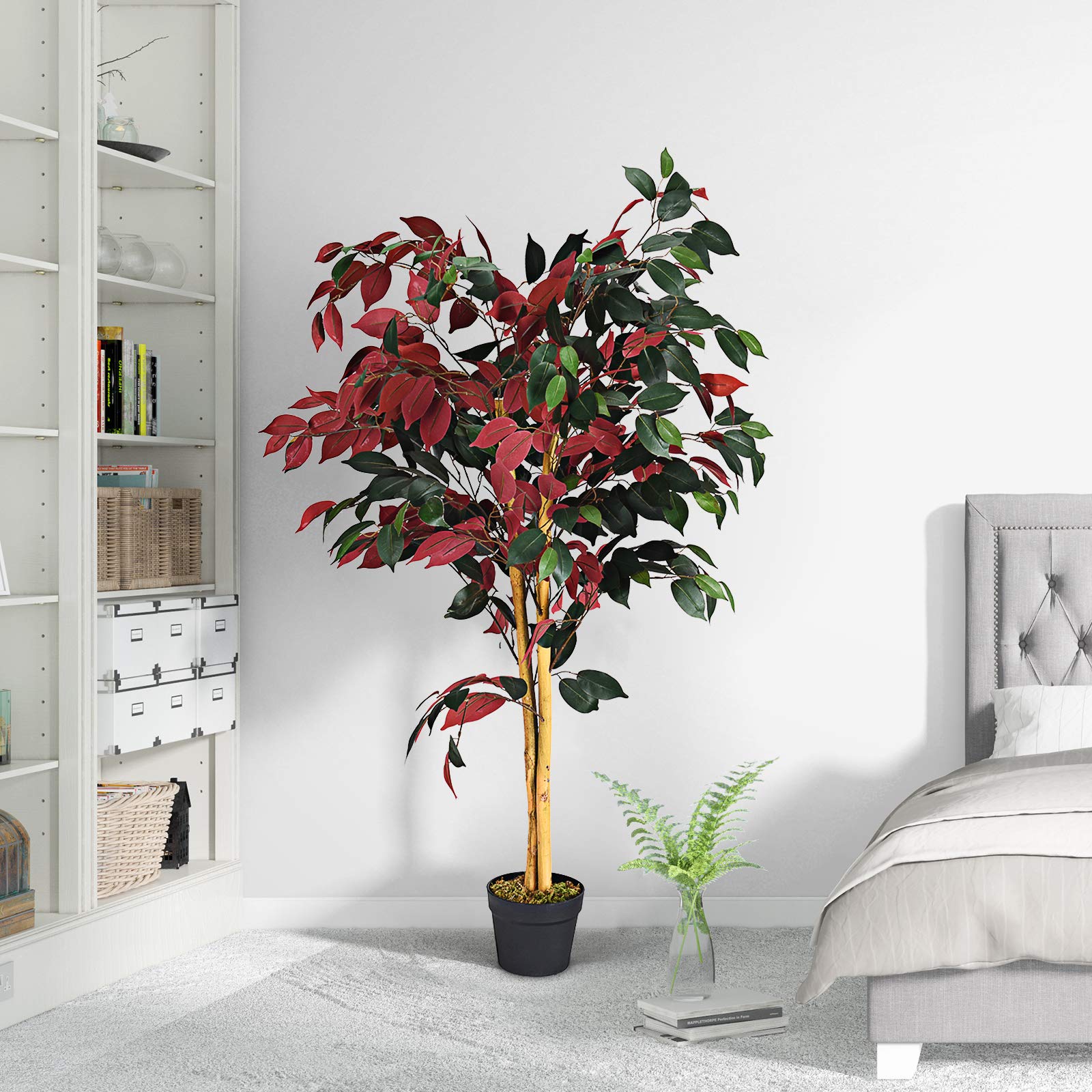 COSTWAY Plante Artificielle Arbre Ficus Artificiel Hauteur 120 CM Décoration Intérieur et Extérieur avec Pot Cimenté pour Salon, Balcon, Chambre, Bureau, Séjour