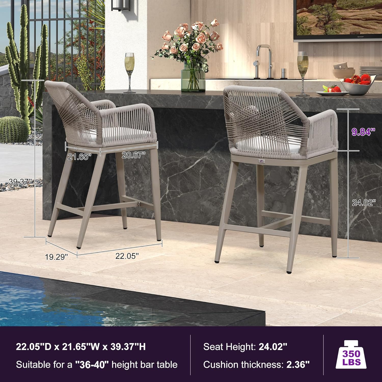 PURPLE LEAF Patio Sunbrella Counter Height Bar Stools 24" H Set of 2 Modern Rattan Outdoor Bar Chairs Wicker Barstools with High Arms Backs for Outside Island Kitchen Backyard Champagne