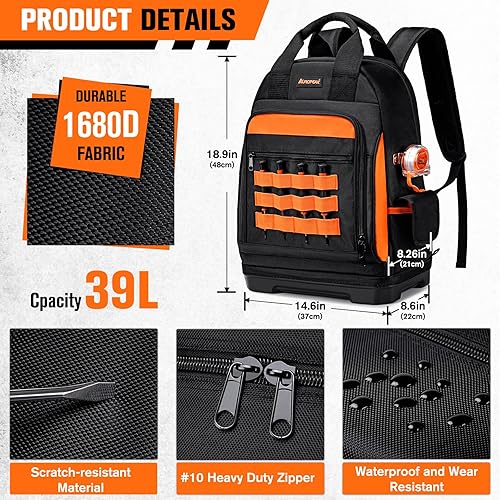 Miniatura 2 de Mochila de herramientas resistente para hombres y mujeres, 77 bolsillos resistente al agua, bolsa de herramientas Hvac, organizador de mochila con