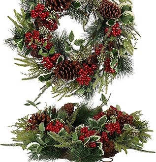 Christmas Wreath for Front Door 22 in– Artificial Pine with Red Berries and Pinecones, Full and Lush Holiday Door Decoration for Indoor/Outdoor Use – Handcrafted Festive Greenery Wreath