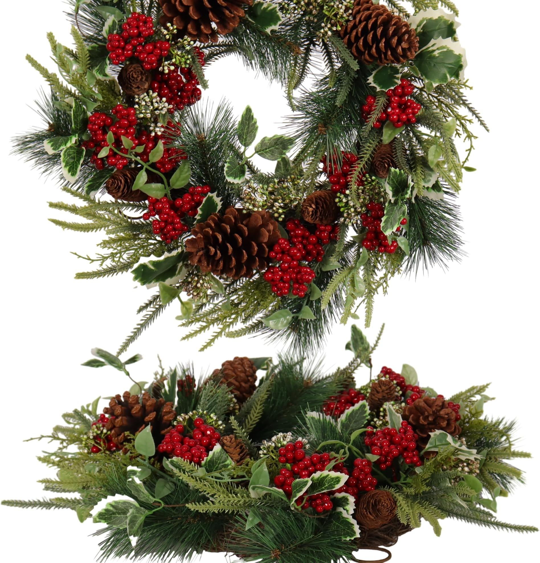 Christmas Wreath for Front Door 22 in– Artificial Pine with Red Berries and Pinecones, Full and Lush Holiday Door Decoration for Indoor/Outdoor Use – Handcrafted Festive Greenery Wreath