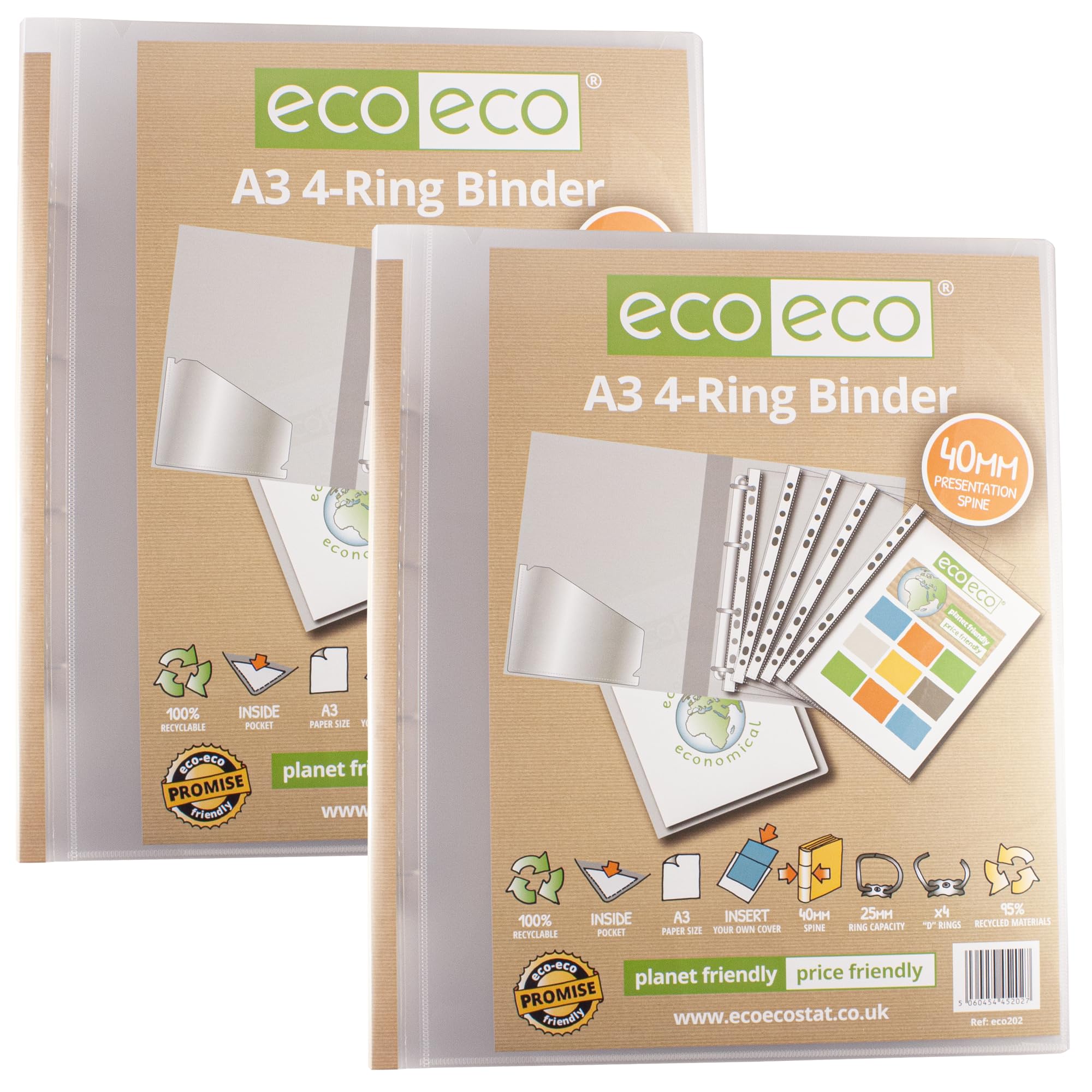 eco-eco A3 95% Recycled 4-D Portrait Clear Presentation Ring Binder File Folder, 40mm Spine, Artwork Portfolio, Pack of 2 Folders, eco202x2
