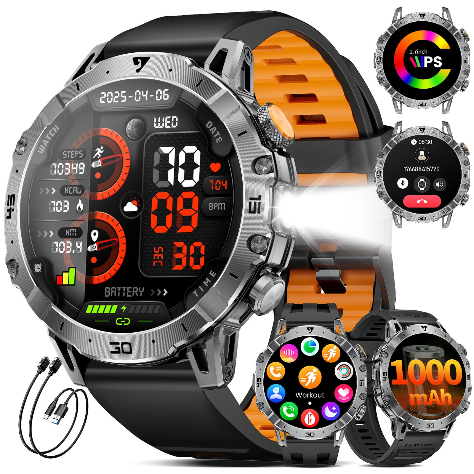 LIGE Smartwatch Uomo con 1000mAh/Torcia LED,Chiamata Bluetooth,1.7" Smart Watch Militare con 110+ Modalità Sportive,Impermeabile,Frequenza Cardiaca, Android iOS,3 Braccialetti+2 Caricabatterie,EF18-E