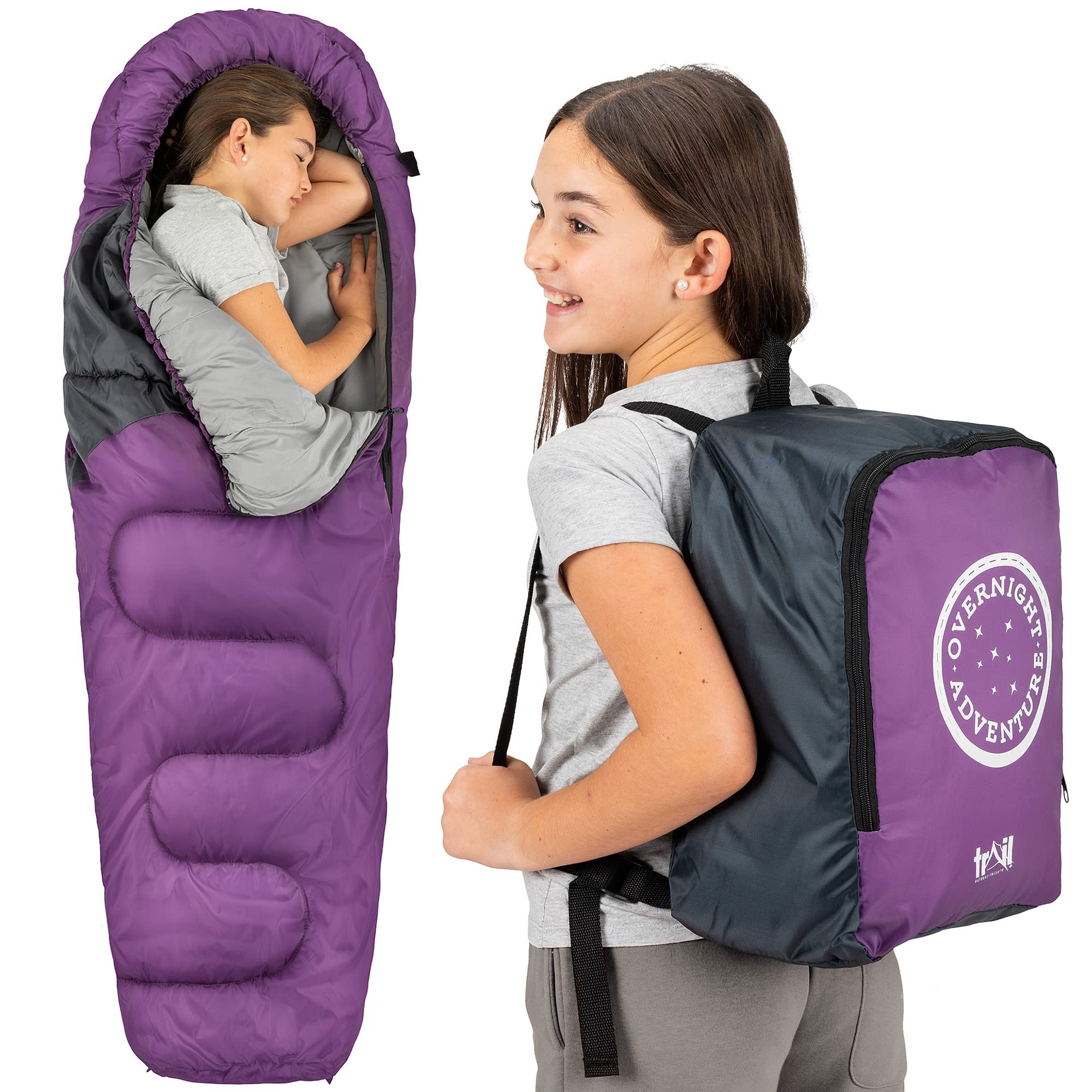 Trail Kids Sleeping Bag Mummy Shape 3 Season Camping 300gsm Boys Girls with Lightweight Rucksack Bag