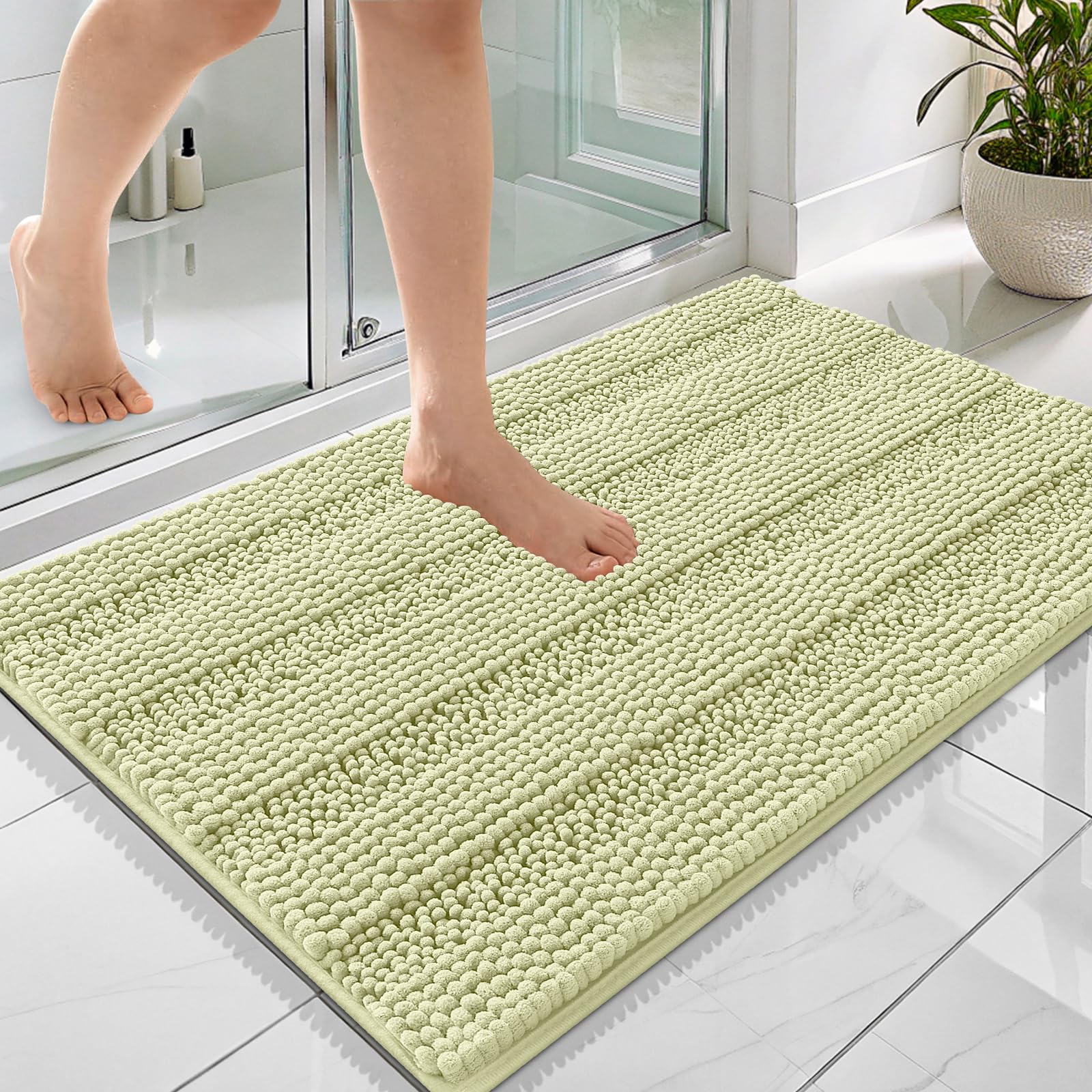 OLANLY Thick Bathroom Rugs 36x24, Soft Chenille Striped Bath Rugs, Vanilla